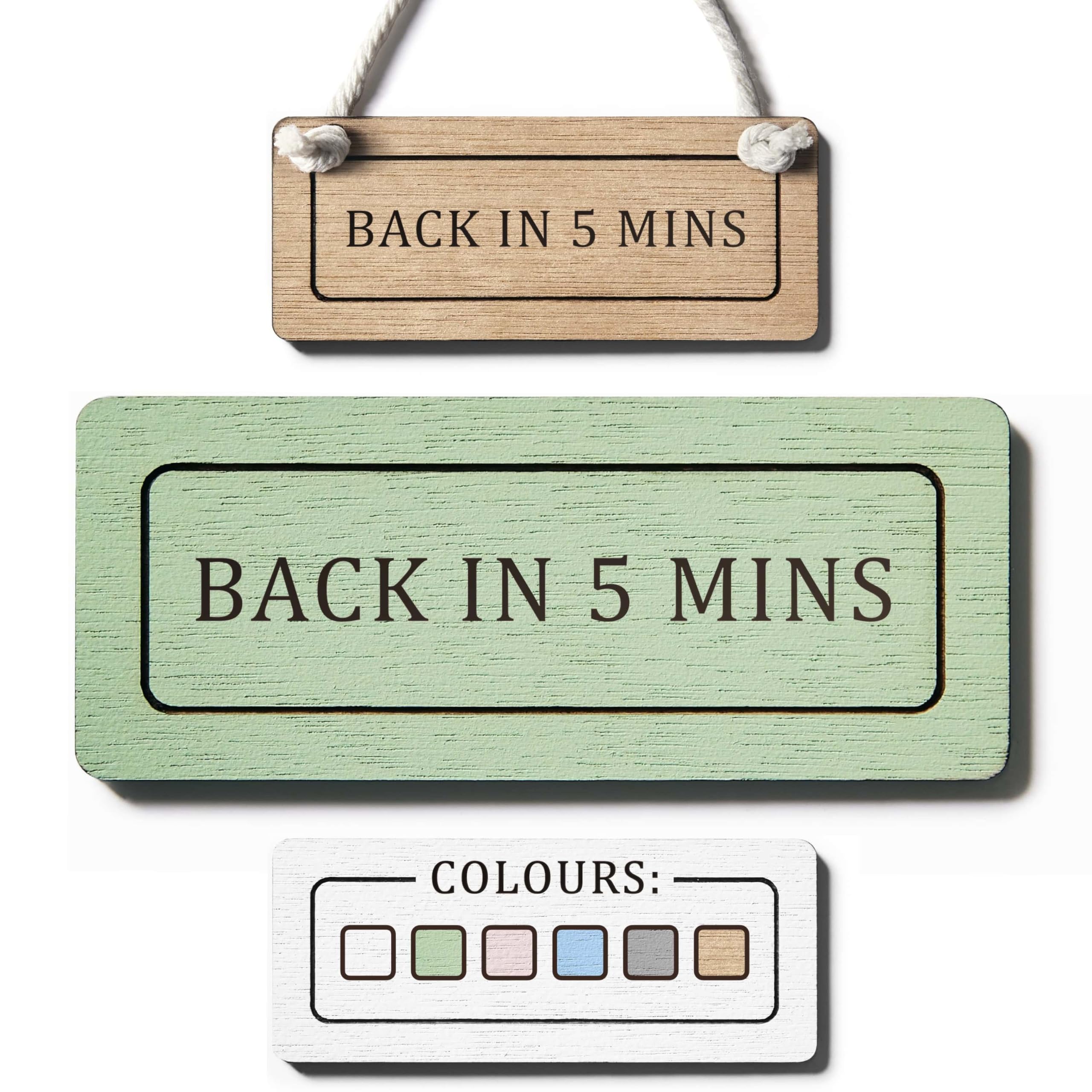 Back in 5 Mins Sign – Laser Engraved Wooden Counter Sign, Hanging Shop or Office Notice (Green, 8.5 x 3.5 cm)