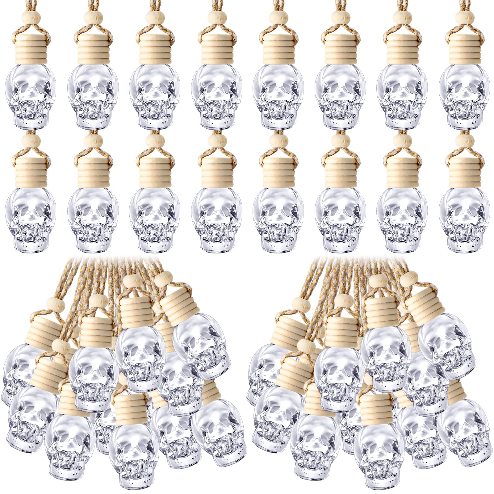 BBTO 200 Pcs Hanging Car Diffuser Bottle Bulk Empty Clear Glass Perfume Bottles Air Freshener Pendant for Essential Oils Fragrance Aromatherapy Car Interior Ornament (Clear,Skull)