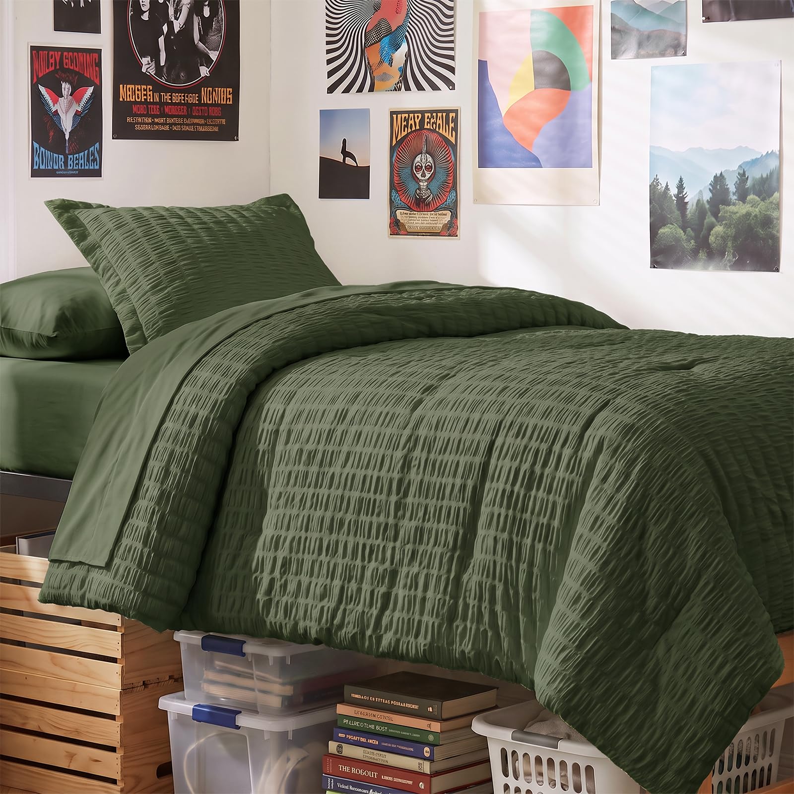 CozyLux Twin Comforter Set, 5 Pieces Olive Green Seersucker Bed in a Bag