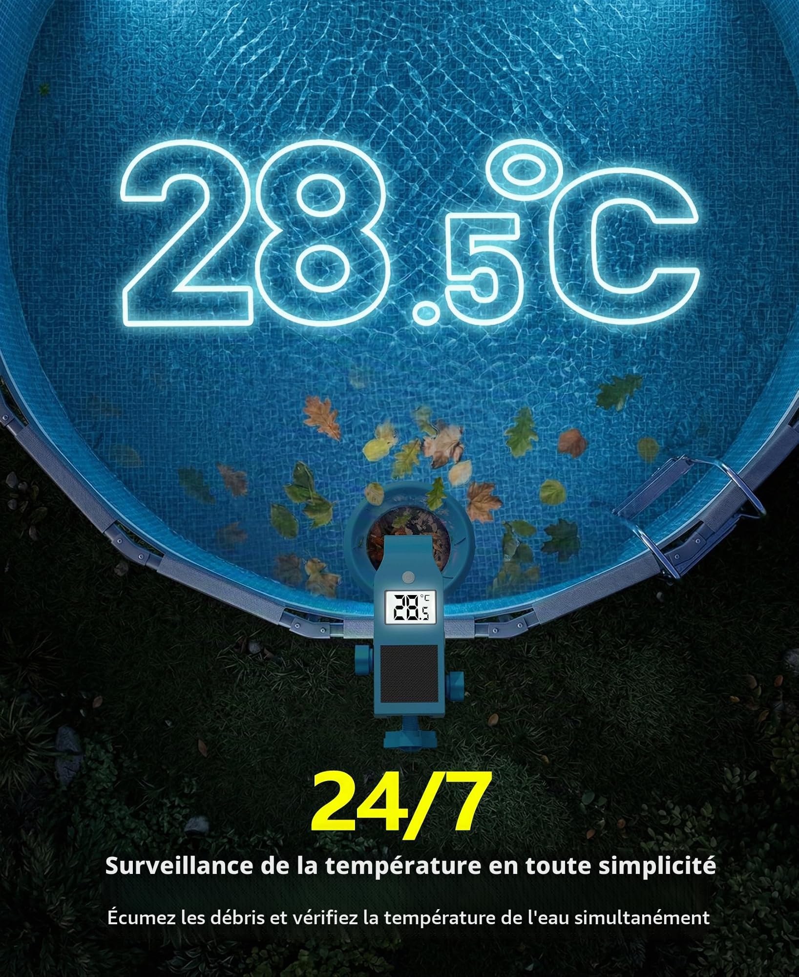 LuxBlue Skimmer Piscine Hors Sol avec Thermometre Piscine Solaire Digital, Skimmer de Surface Mural avec Support Réglable,Ecumoire Piscines Haute Résistance,Ramassage automatique de Feuilles et Débris