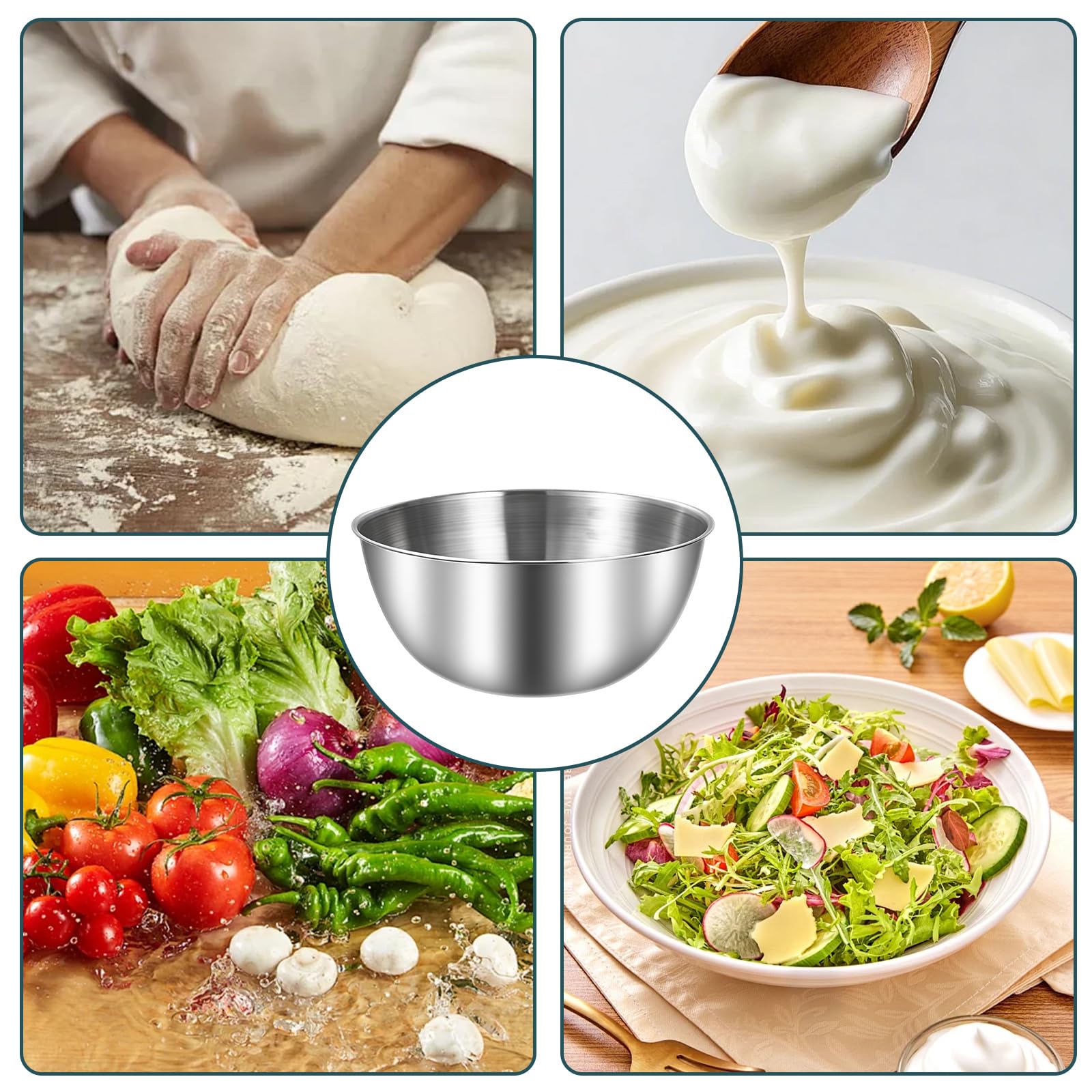 BAIFULAI Set di 6 ciotole in acciaio inox, 19 cm, grande capacità, con marchi, ciotole in acciaio inox per insalatiera, ciotola per snack, ciotola per snack (argento)