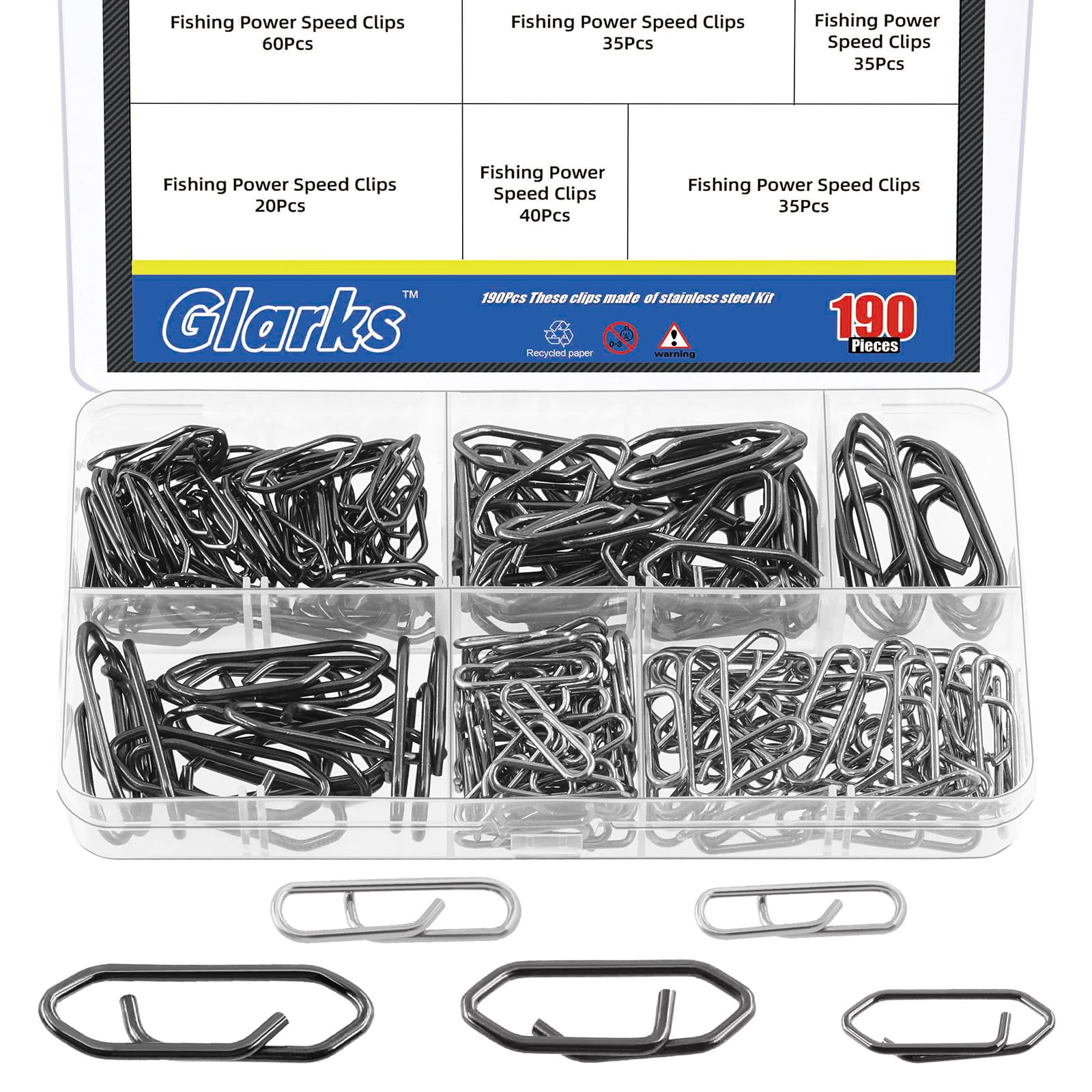 Glarks 190pcs Fishing Power Speed Clips, 2 types Speed Clip Quick Change Fast Link Fishing Snap, Strength Stainless Steel Speed Clip for Fishing Lure Quick Change