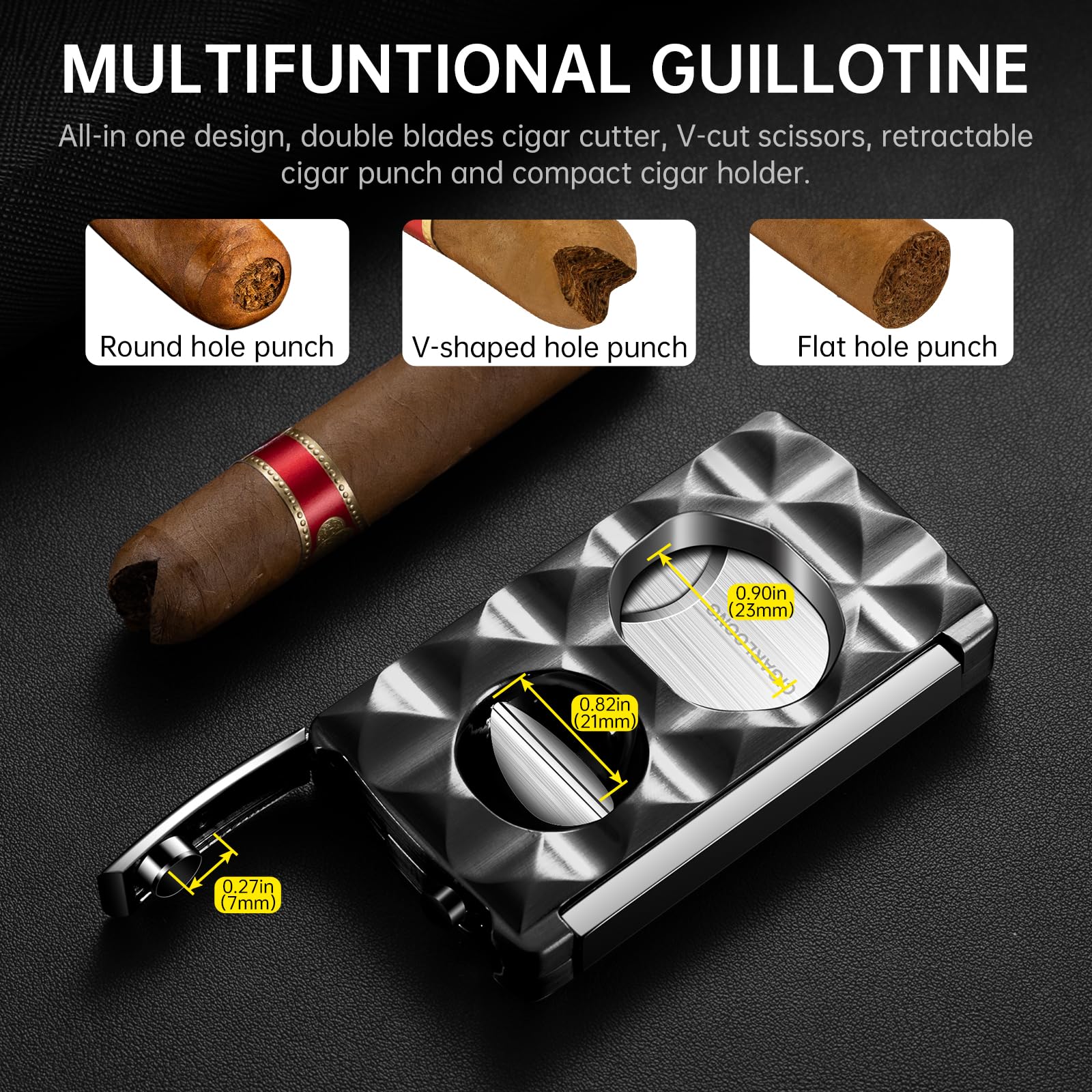 CIGARLOONG Coupe-cigare 4 en 1 acier inoxydable - Guillotine à double lame, coupe-cigare en V, Coupeur De Poinçon, Porte-cigare avec finition à motif diamant, Coffret cadeau inclus (Noir)
