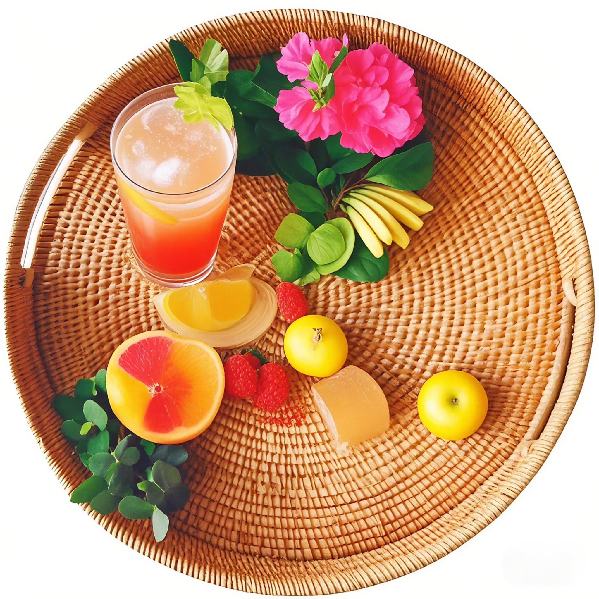 I-lan Round Serving Tray, Wicker Decorative Valet Tray, Flat Serving Circle with Handles, Ottoman Rattan Tray for Coffee Table, Dessert, Storage, Cocktail, Snack, Bread, Brown (Round: 15.8")