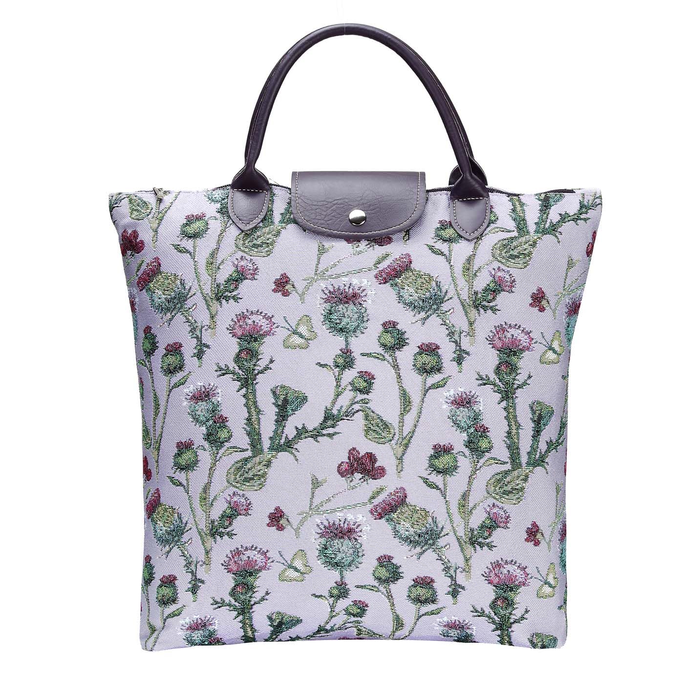 Signare Tapestry Foldable Tote Bag Reusable Shopping Bag Grocery Bag with Mexican Folk Art Design (Thistle)