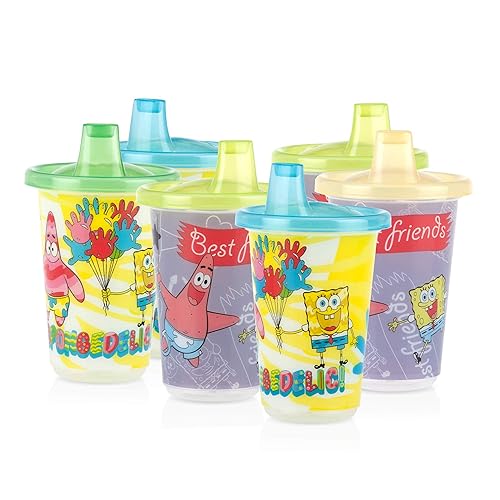 Nuby Paquete de 6 vasos y tapas reutilizables para lavar o tirar con boquilla, pantalones cuadrados de Bob Esponja Nickelodeon, 10 onzas