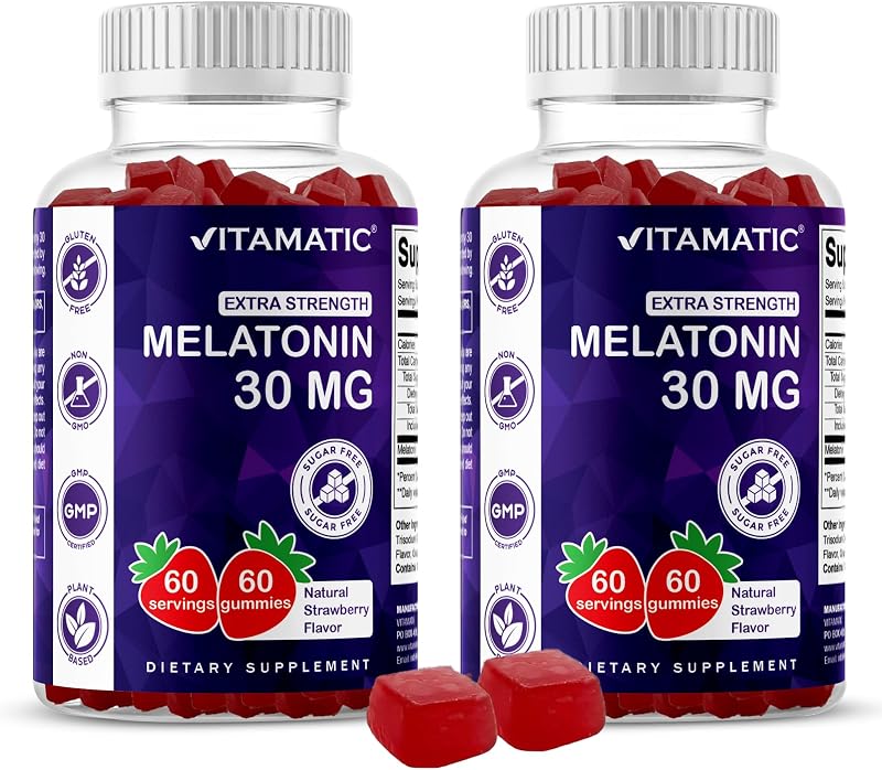 Vitamatic Sugar Free Melatonin 30mg per Gummy - 60 Servings - 60 Vegetarian Gummies - Non-Habit Forming Supplement (60 Count (Pack of 2)) | Natural Strawberry Flavor, Non-Habit Forming, Non-GMO, Gluten Free, Sugar Free, Pectin Based