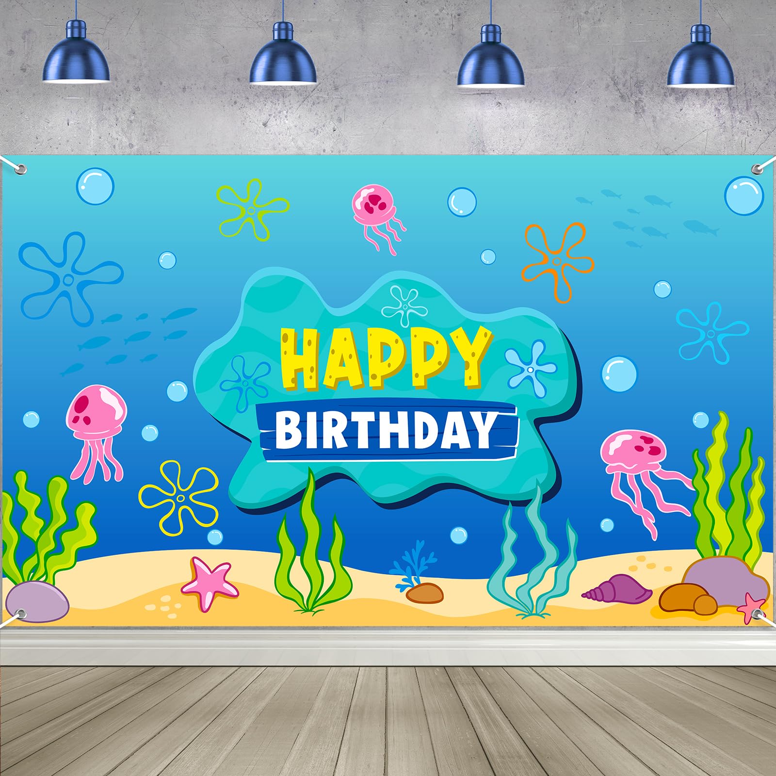 Under The Sea Happy Birthday Banner Backdrop Decoration, Cartoon Ocean Photo Banner Background Ocean Jellyfish Seaweed Wall Décor for Birthday Baby