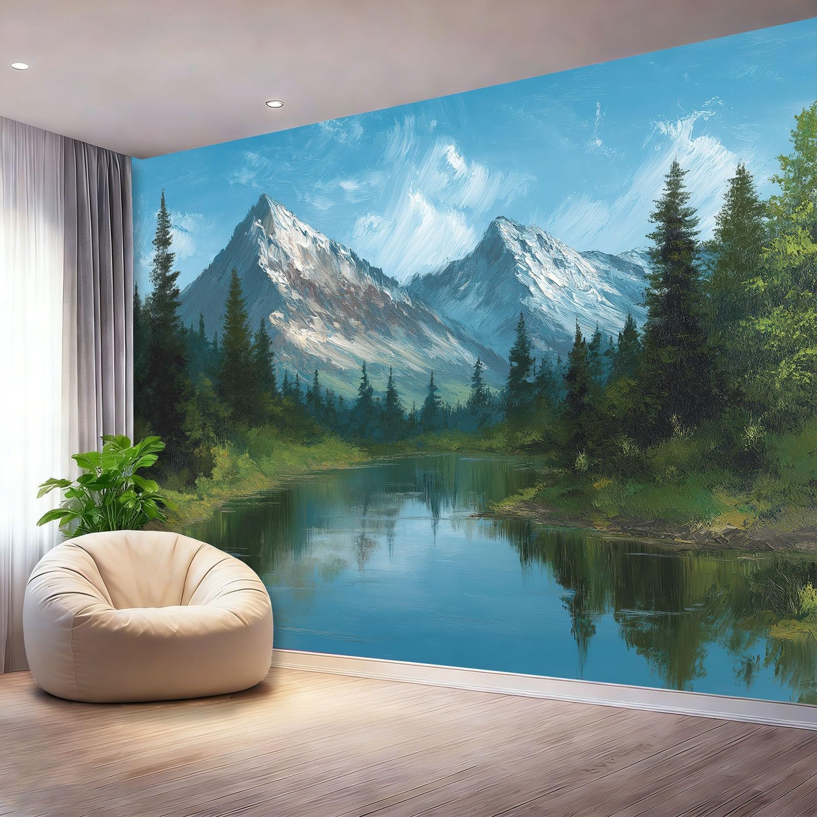 Tapeta z motywem 250 x 175 cm, krajobraz górski w stylu retro jezioro, wesoła tapeta z motywem do pokoju dziecięcego i kącika do majsterkowania, niebiesko-zielona