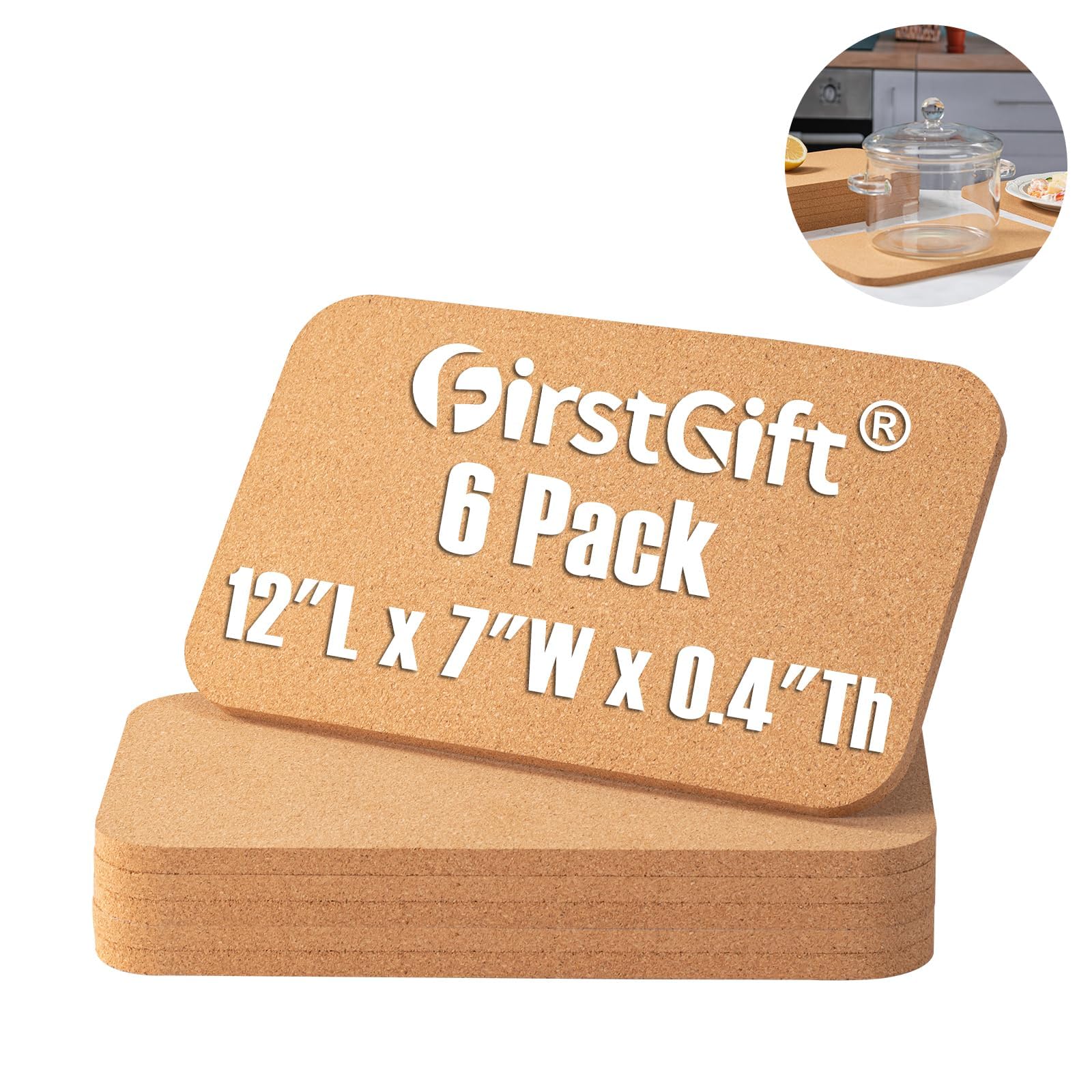 Rectangle Cork Trivets Set - 6 Pack, 12" x 7" x 0.4" Thick, Heat-Resistant Cork Hot Pads for Countertop, Table, and Kitchen, Perfect for Hot Pots and