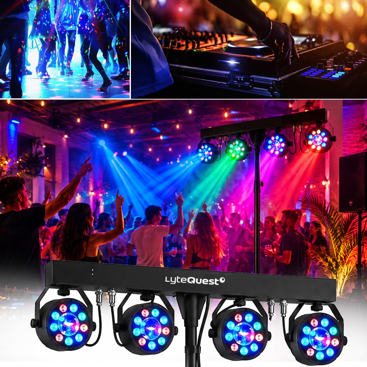 BM Sonic Pack Sono 3200 W - Juego completo de altavoces pasivos (2 x 600 W, mesa mezcladora pórtico, 4 luces teos ovni LED, sala de fiestas)