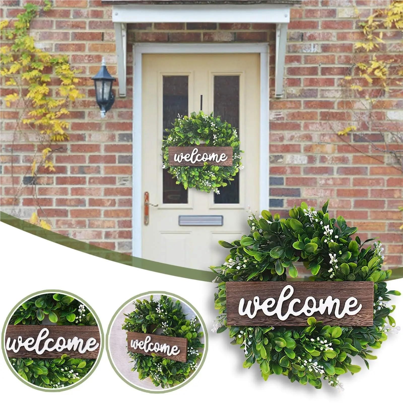 Ghirlanda Per Porta Ghirlanda di eucalipto verde con cartello di benvenuto, ghirlanda artificiale primaverile ed estiva for la decorazione della parete della porta d'ingresso in stile fattoria. Per Ag