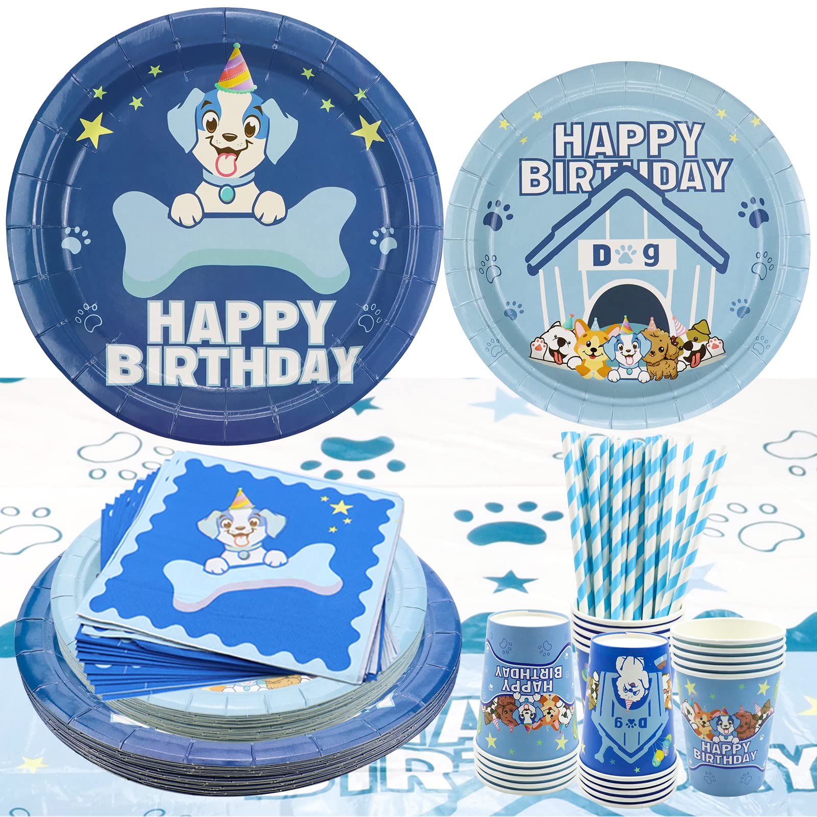 106 Pack Blue Dog Party Decorations Set Puppy Dog Paw Party Supplies Pawty Puppy Plates Dog Tableware Cups Napkins Dog Tablecloth Dog Theme Doggy Tableware Birthday Party Serves 20