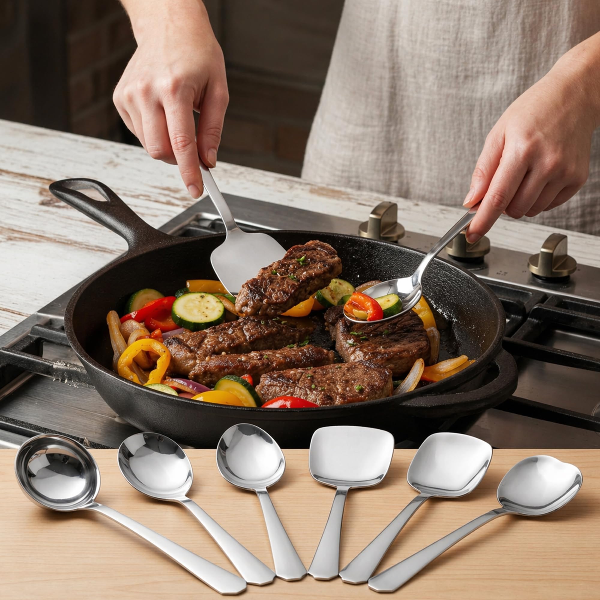 CRAFTONE Edelstahl Küchenutensilien 6er Set Servierlöffel Kochlöffel Schöpflöffel Pfannenwender Reislöffel Oval Löffel Spatel Set