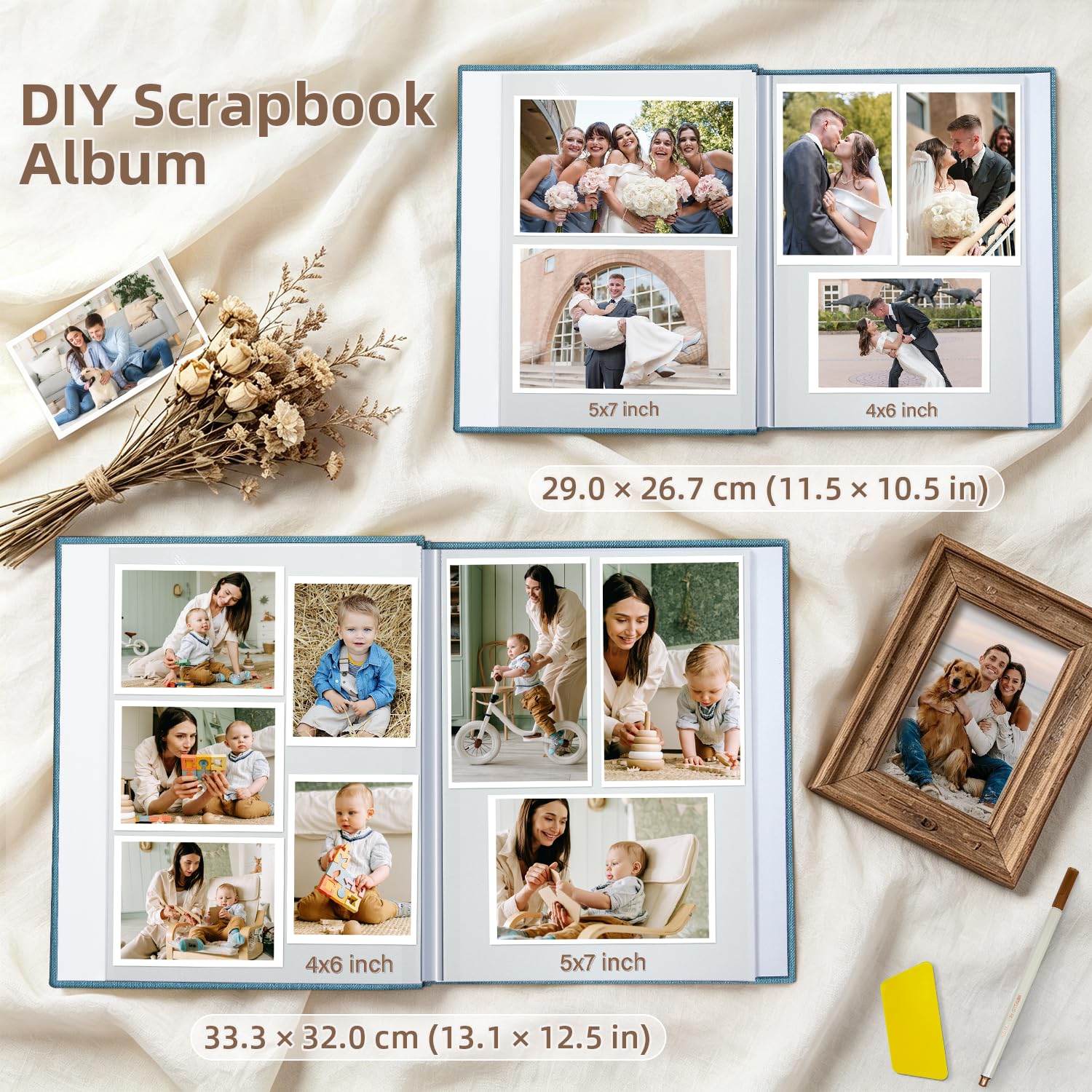 popotop Album fotografico autoadesivo in lino, 15 x 10 cm, 15 x 18 cm, 20 x 25 cm, 40 pagine, album fotografico personalizzato per matrimoni, bambini, viaggi, Polaroid, con raschietto e penna
