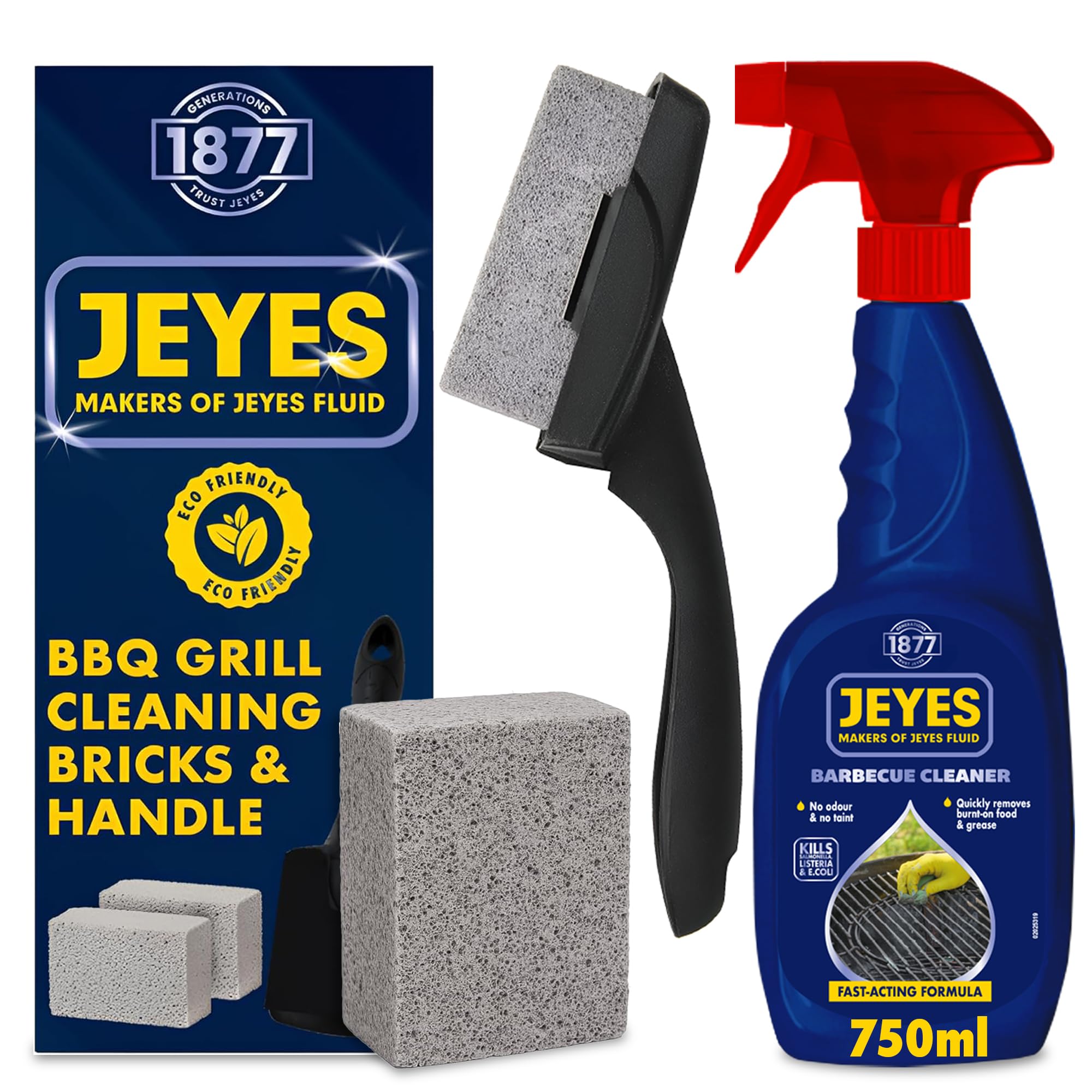 Jeyes Essential BBQ Cleaning Kit – BBQ Cleaner Spray & Grill Brick with Handle – Complete Barbecue Oven Cleaner Kit for Outdoor Grills – Cuts Through Grease, Grime & Burnt-On Food Fast