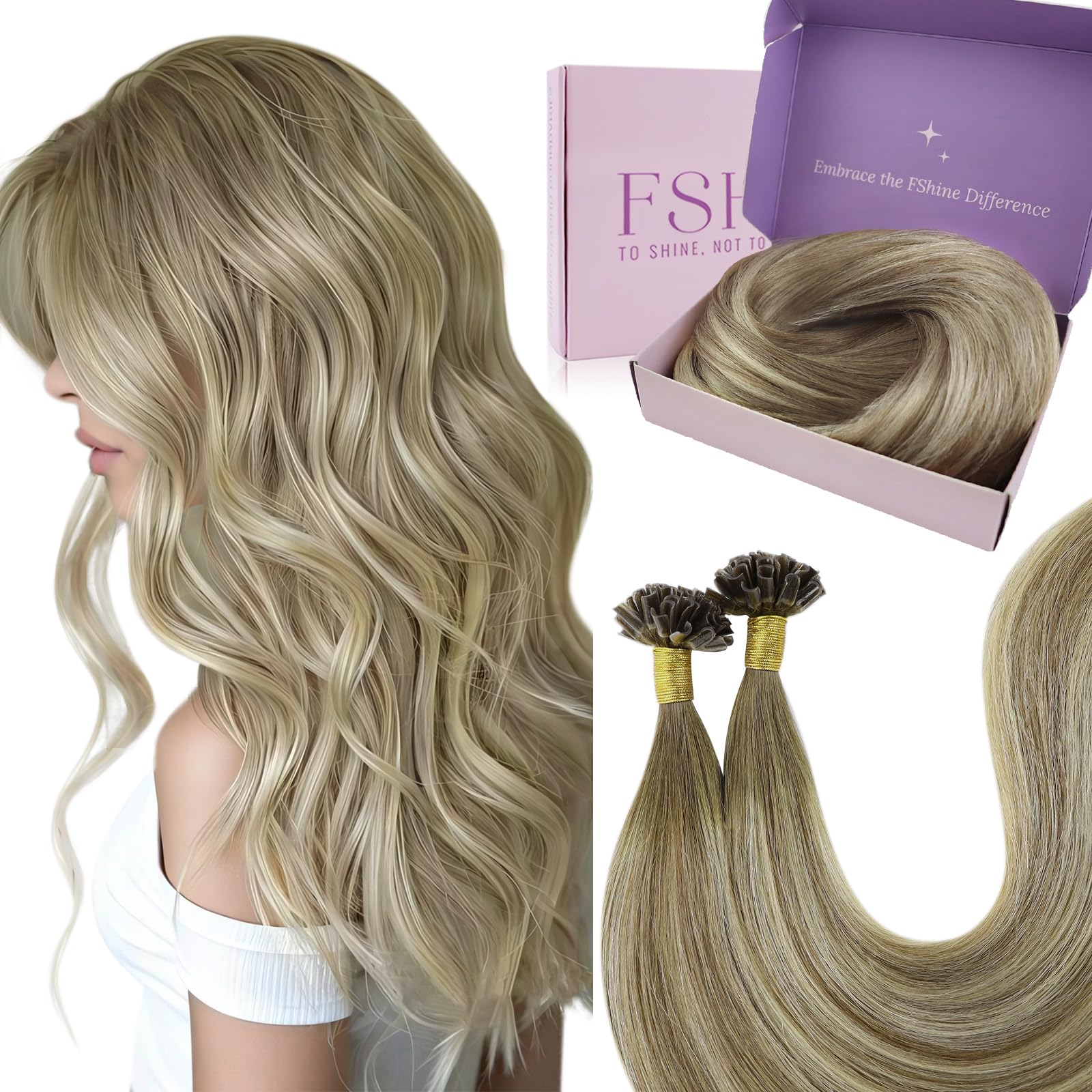Fshine Capelli Veri Extension Cheratina 50g 50CM Balayage Marrone Chiaro Highlights Ash Blonde Lisci Brasiliani Capelli Color 2 Extension 1g/ciocca U-Tip Remy Extension Capelli Veri