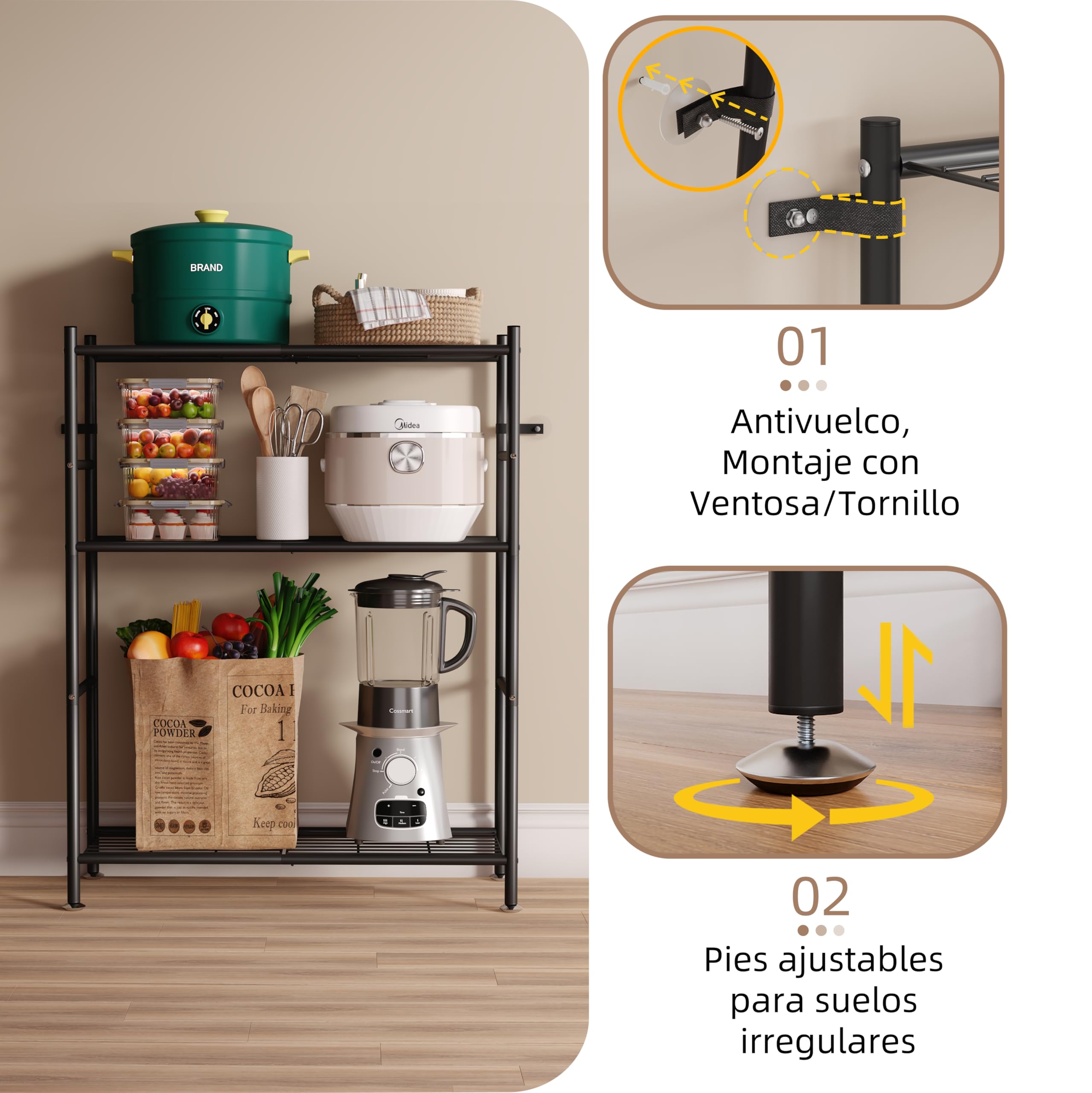 NETEL estanterias almacenaje Cocina de 3 baldas，estanteria Metalica,Altura de los estantes Regulable,Storage Shelves con 4 Ganchos,84 × 32 × 182 cm (L × An × Al)，Negro
