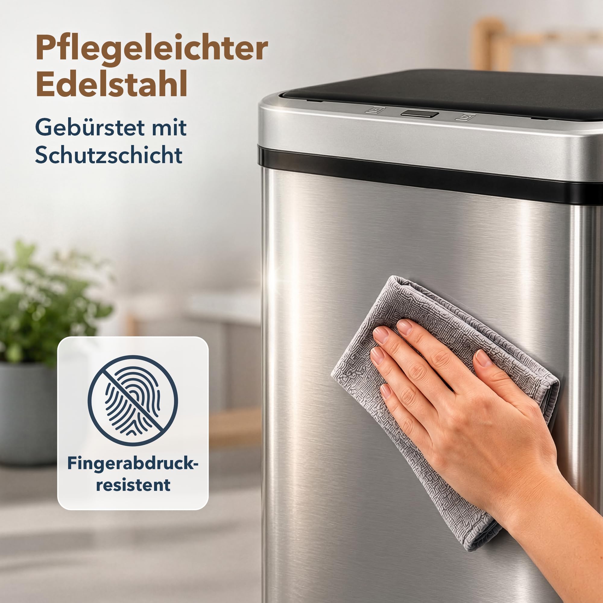 ledscom.de 2x SORTA Sensor Mülleimer 50L, Edelstahl Abfalleimer | automatischer Bewegungssensor, Touch-Bedienung, Soft-Close, 4x AA Batterie, 35,5 x 26 x 67 cm, Silber/Schwarz