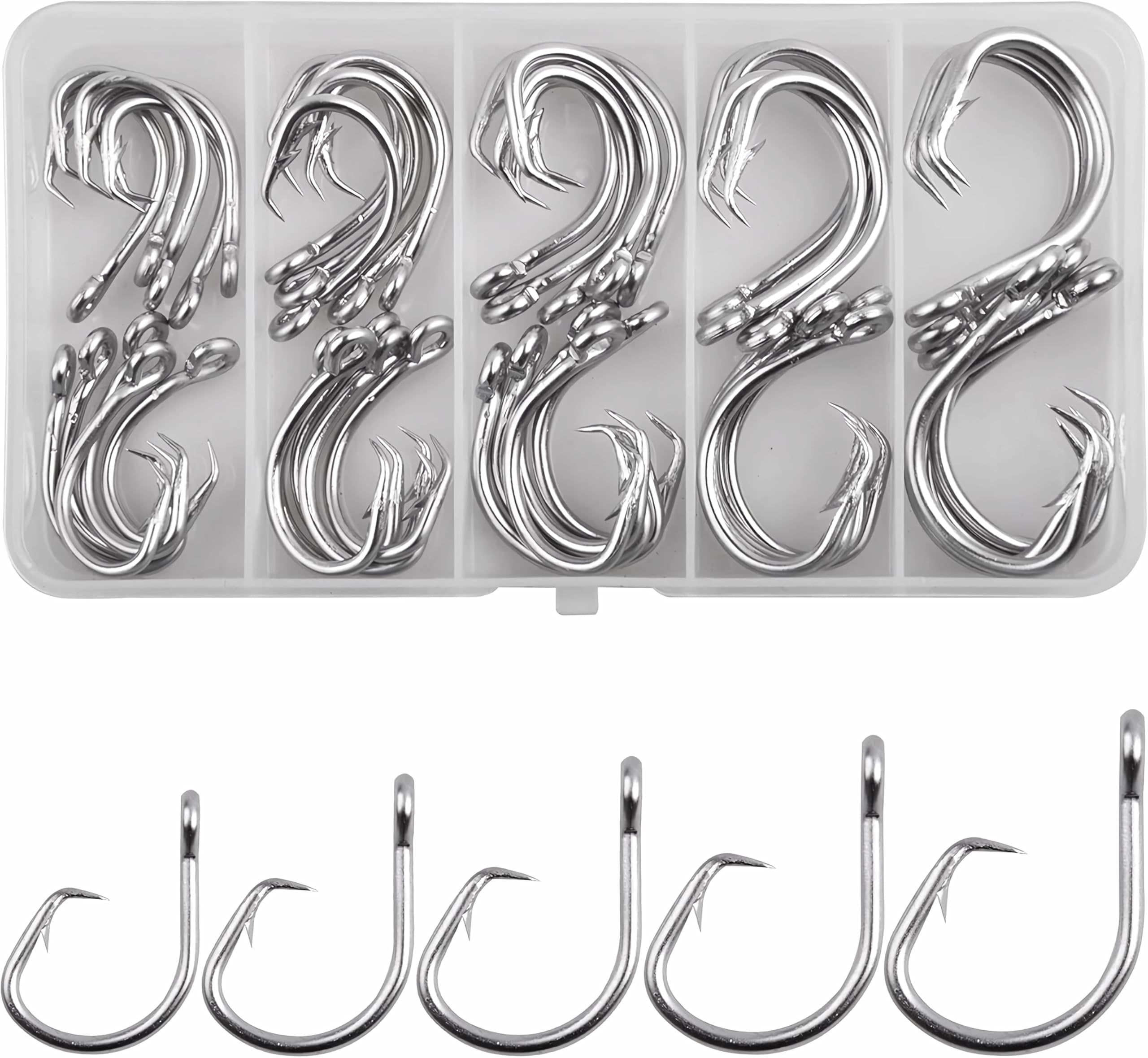 45pcs Tuna Circle Hooks Kit Stainless Steel Offset Hooks Big Game Saltwater Fishing Hooks 3X Strong Wire Short Shank Circle Fish Hooks Tackle