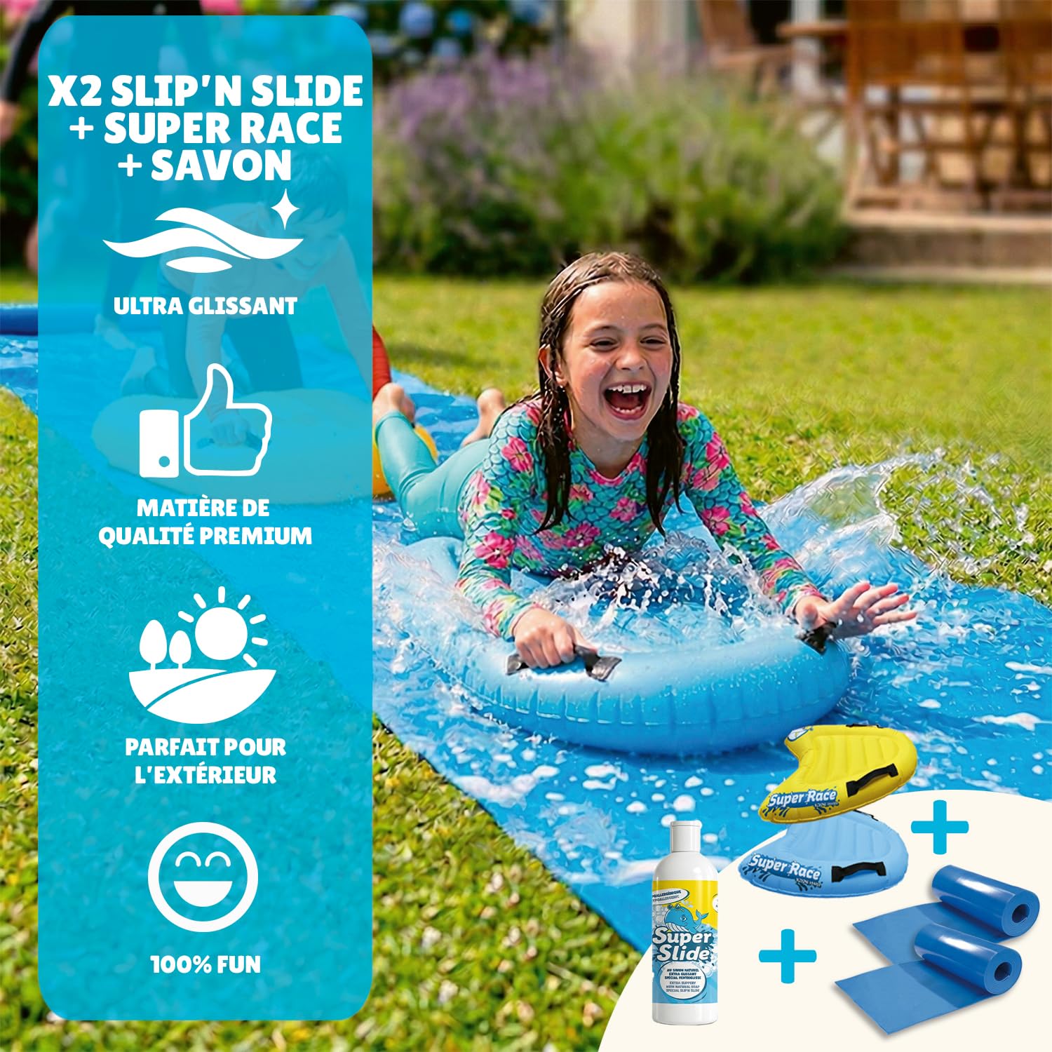Pack Ventriglisse Géant XXXXL 20 Mètres | 2 Tapis de Glisse 10 Mètres + 2 Planches Bodyboards pour Mieux Glisser + 1 Litre Savon Naturel Extra-Glissant | Slip'n Slide Jeux d'eau | OriginalCup