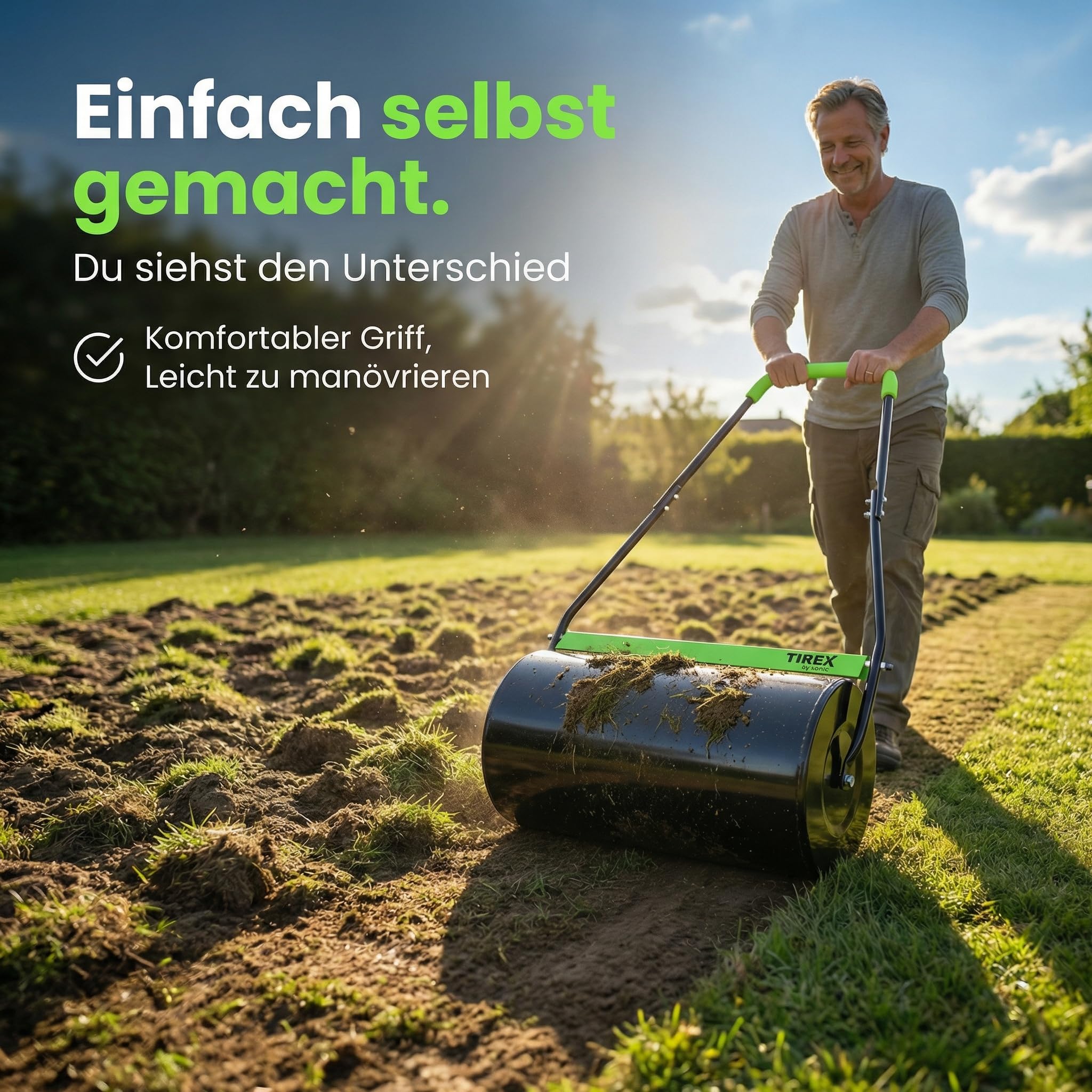 TIREX by xonic® Rasenwalze, Gartenwalze aus Metall, Befüllbar bis 50L, Handwalze für Garten und Rasen (Grün)