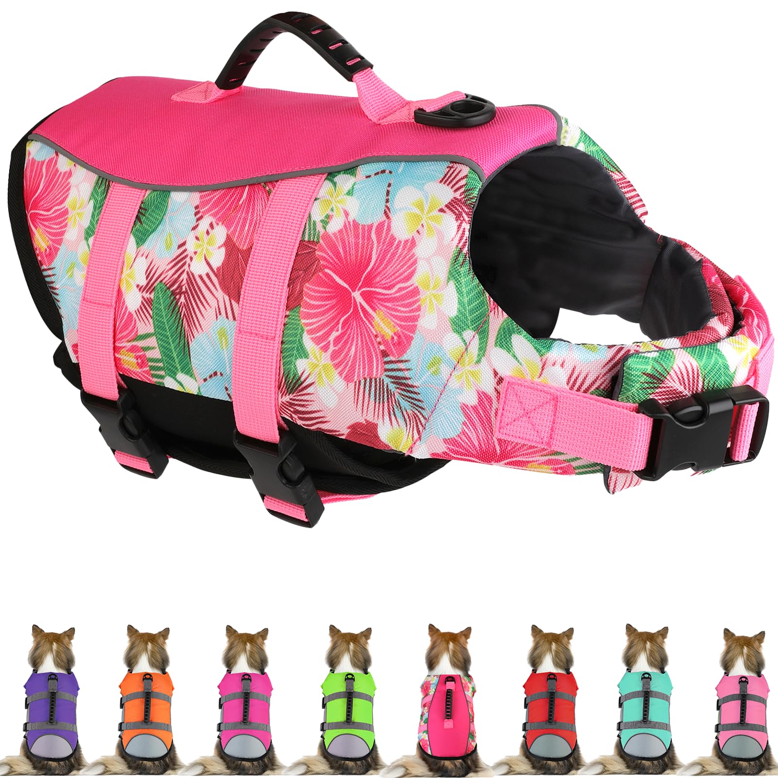 Mklhgty Dog Life Jacket, Reflective & Adjustable, Hawaiian Style, for Small Medium Large Dogs, Polyester & Cotton, Floral Pink, L