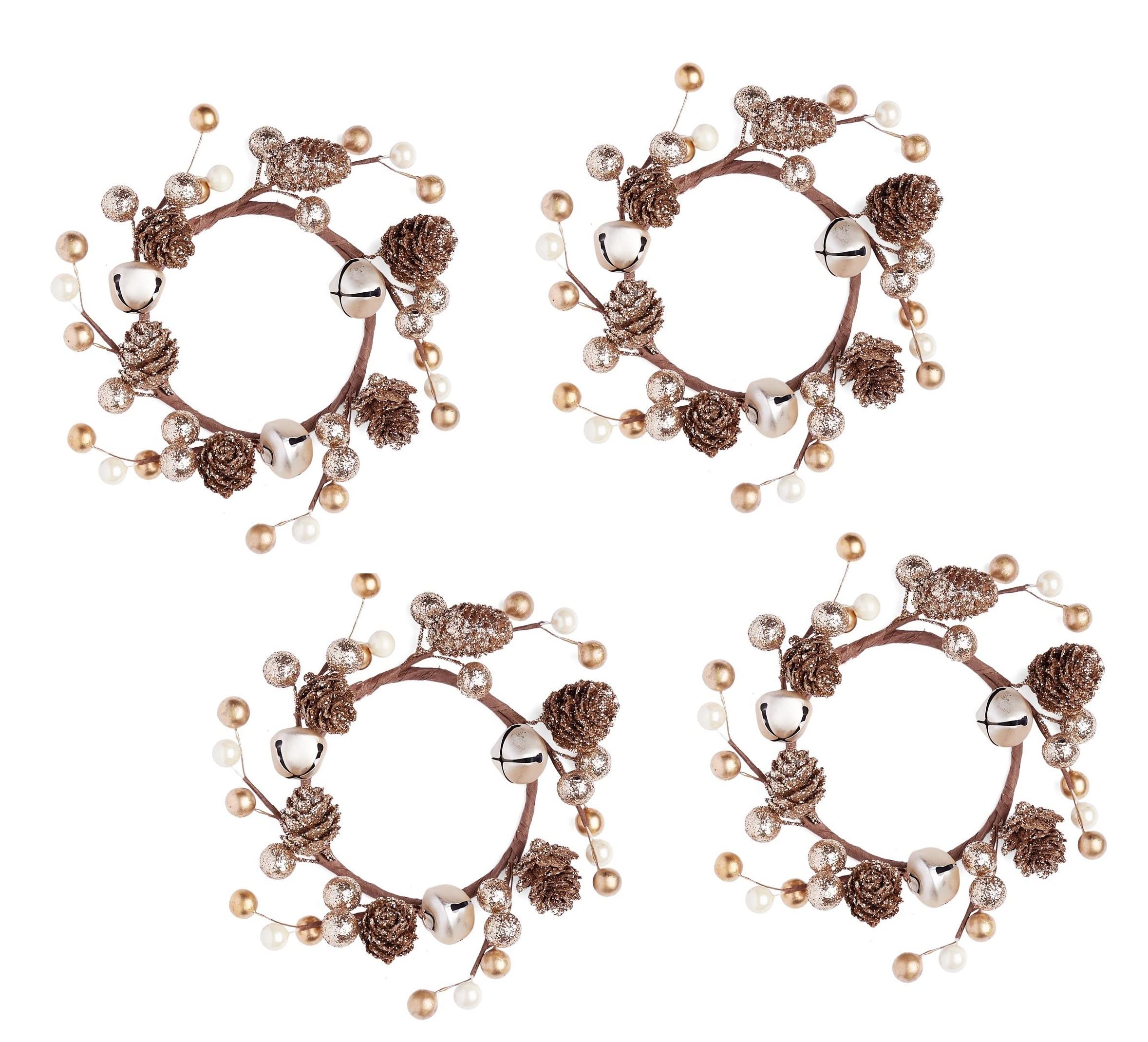 Group of 4 Gold Jingle Bell Glittered Pinecone Candle Rings by Factory Direct Craft - Bell Candle Wreath Rings for Christmas Decorating and Holiday Displays