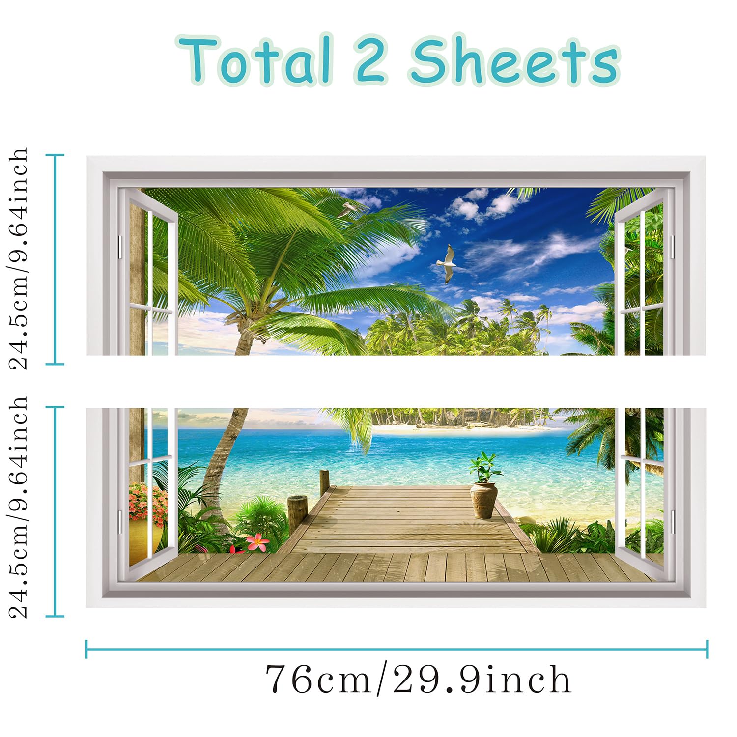HPNIUB 3D Beach Wall Stickers,3D Sea View Wall Art for Living Room,Landscape Broken Wall Sticker,Beach Coconut Tree Wall Decal,Sea Scenery Wall Mural Sticker for Bedroom Bathroom Decor (Window4) - Image 2