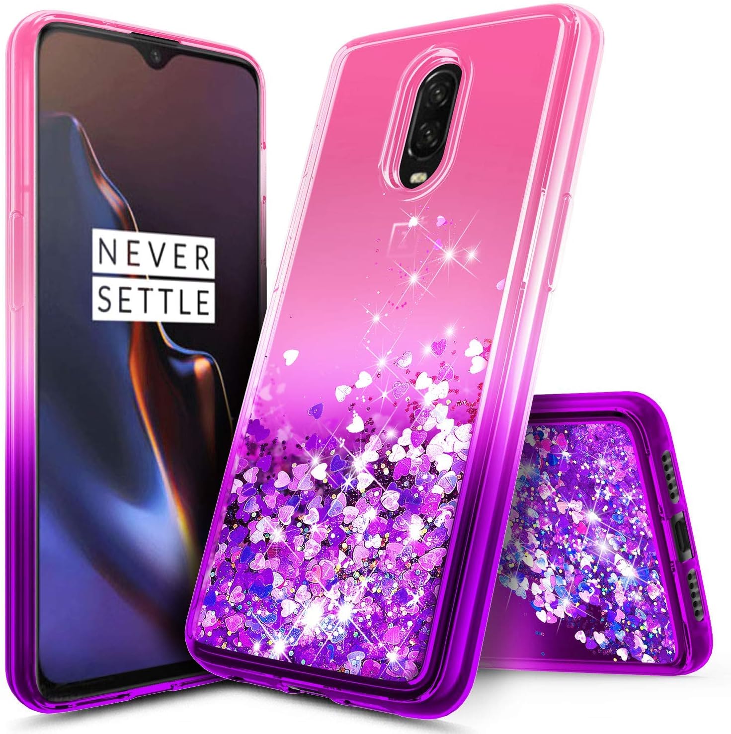 OnePlus 6T Glitter Case, NageBee Liquid Quicksand Waterfall Floating Flowing Sparkle Shiny Bling Diamond Girls Cute Case for The OnePlus 6T Smartphone (2018) -Pink/Purple