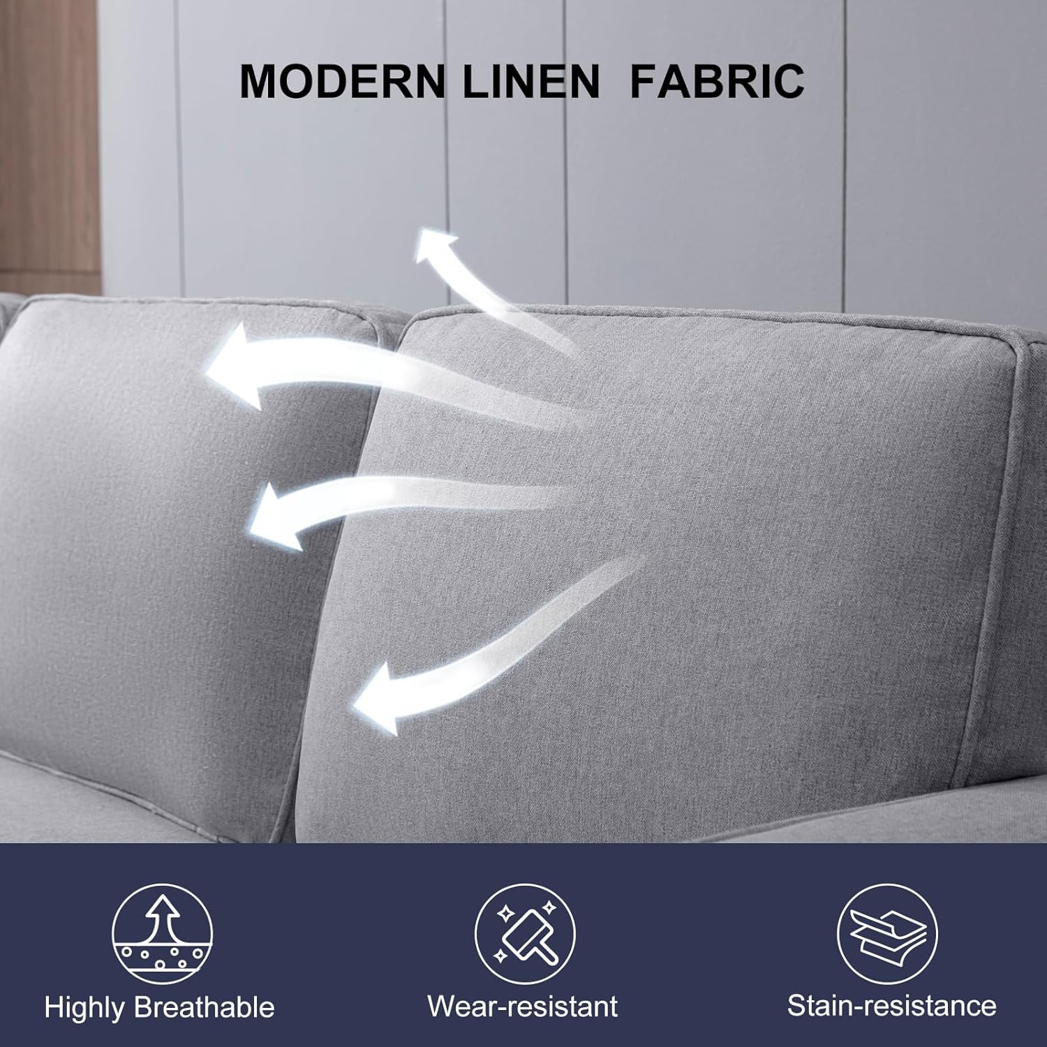 3 Pieces Living Room Sofa Set, Linen Couch and Loveseat Chair Sets with Ottoman & Armchair, Modular Sectional Sofa Couch Furniture Set, Wood Legs Sofas Couches for Living Room - Light Grey