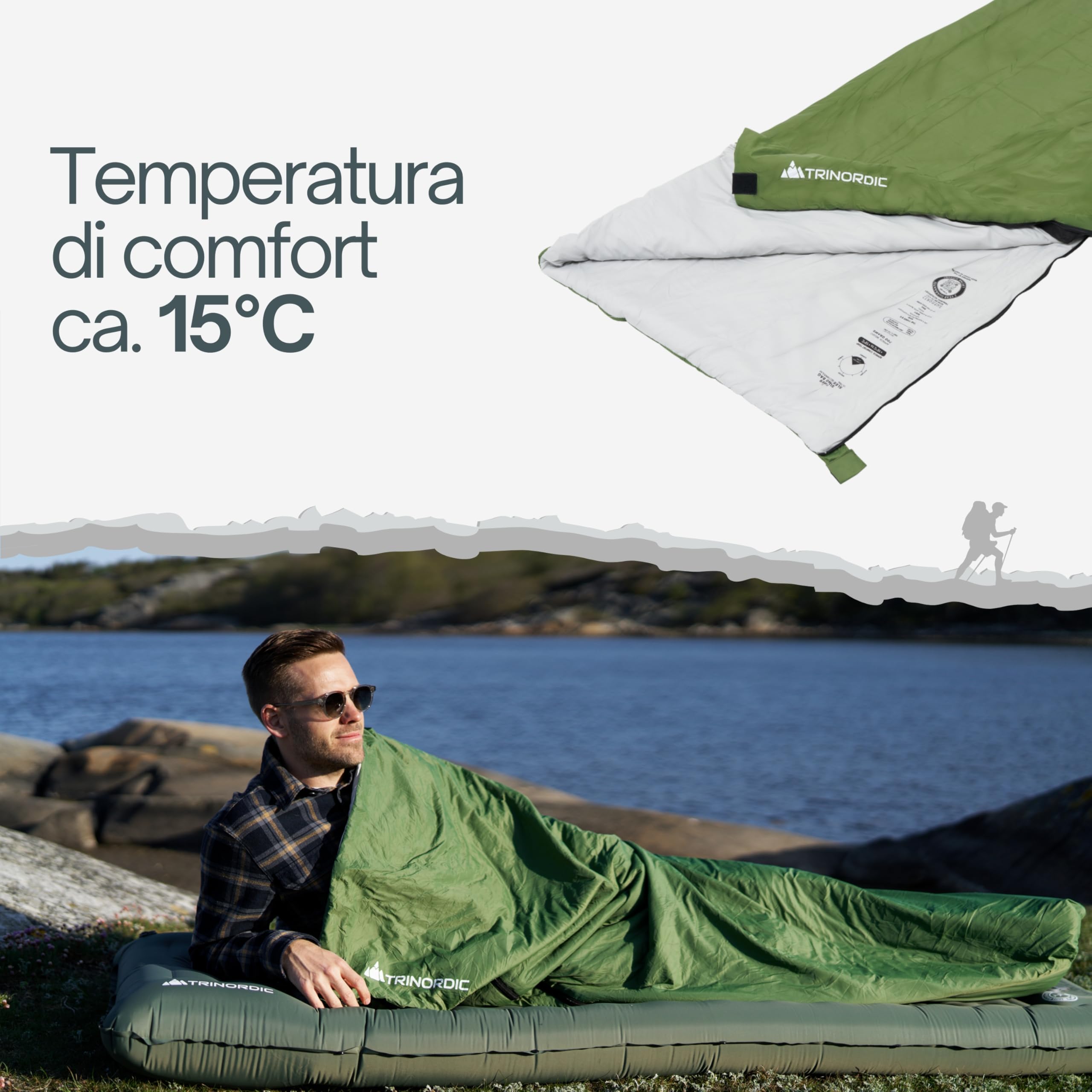 Trinordic Sacco a Pelo Rettangolare – 700G con Cerniera Anti-Inceppamento – Sacco a Pelo Estivo Compatto e Ultraleggero per Adulti – Escursionismo, Campeggio, Backpacking, Bikepacking e Viaggi