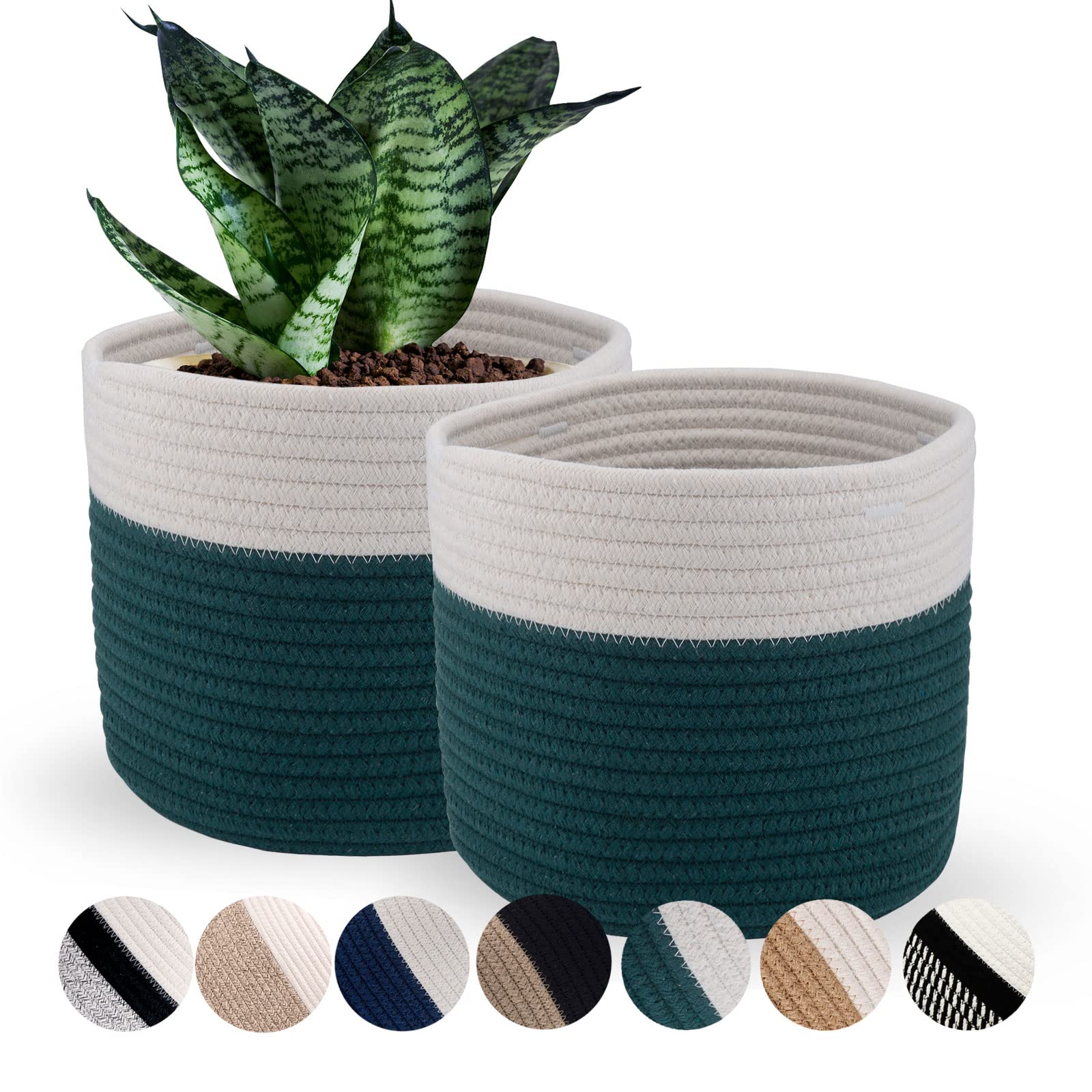 Oradrem 2-Pack Cotton Rope Plant Basket for 8 inch Pots - Woven Baskets with Handles, Small Storage Basket, Plant Pot Cover, Home Decor Dark Green H7.5 x W8.5