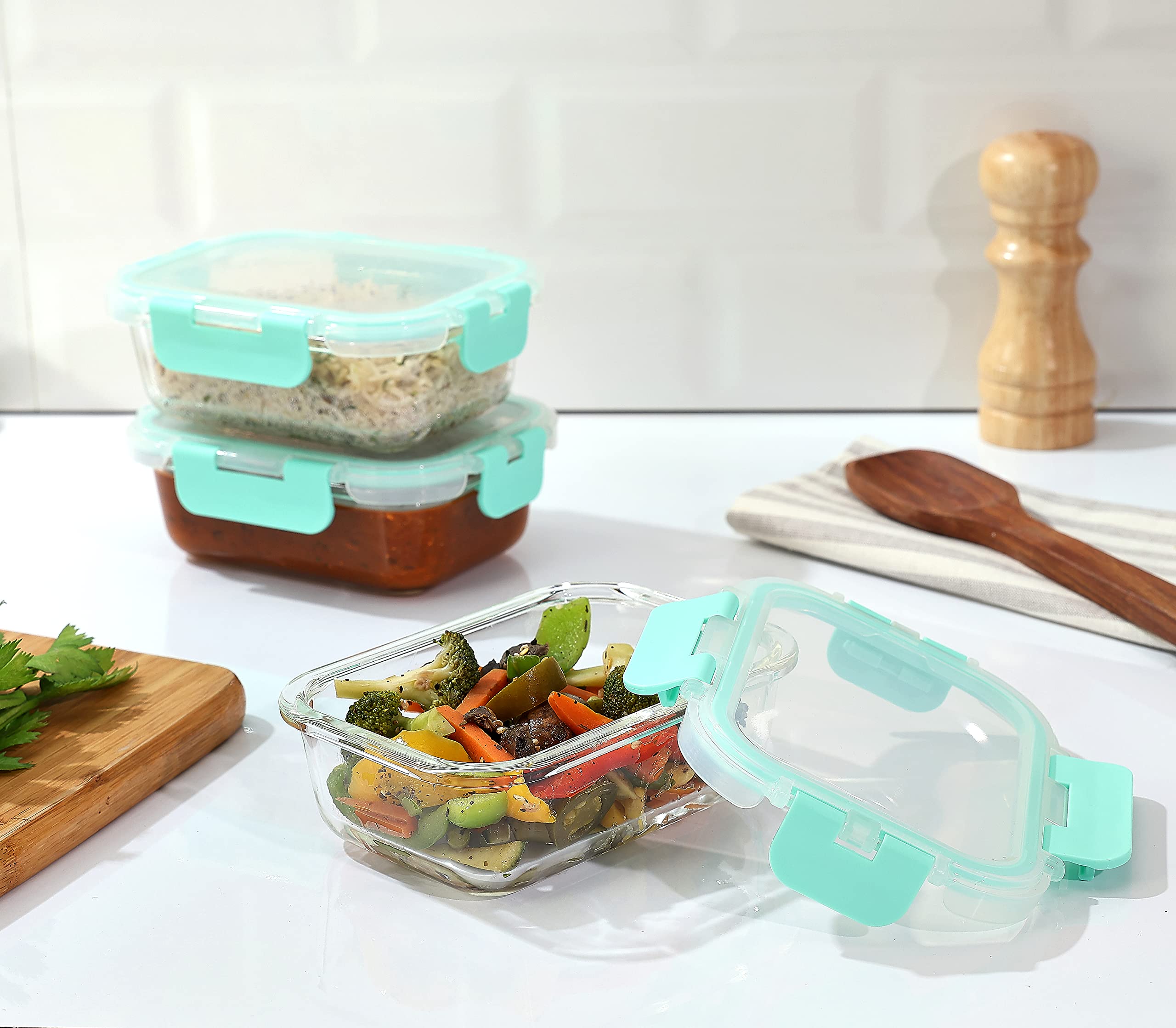 Amazon Brand - Solimo Multipurpose Glass Containers/Lunch Boxes for Office with Break-Free,Detachable Locks,Airtight,Leakproof,Microwave-Safe,Freezer-Safe,Set of 3,Rectangle(370 Ml Each),Transparent
