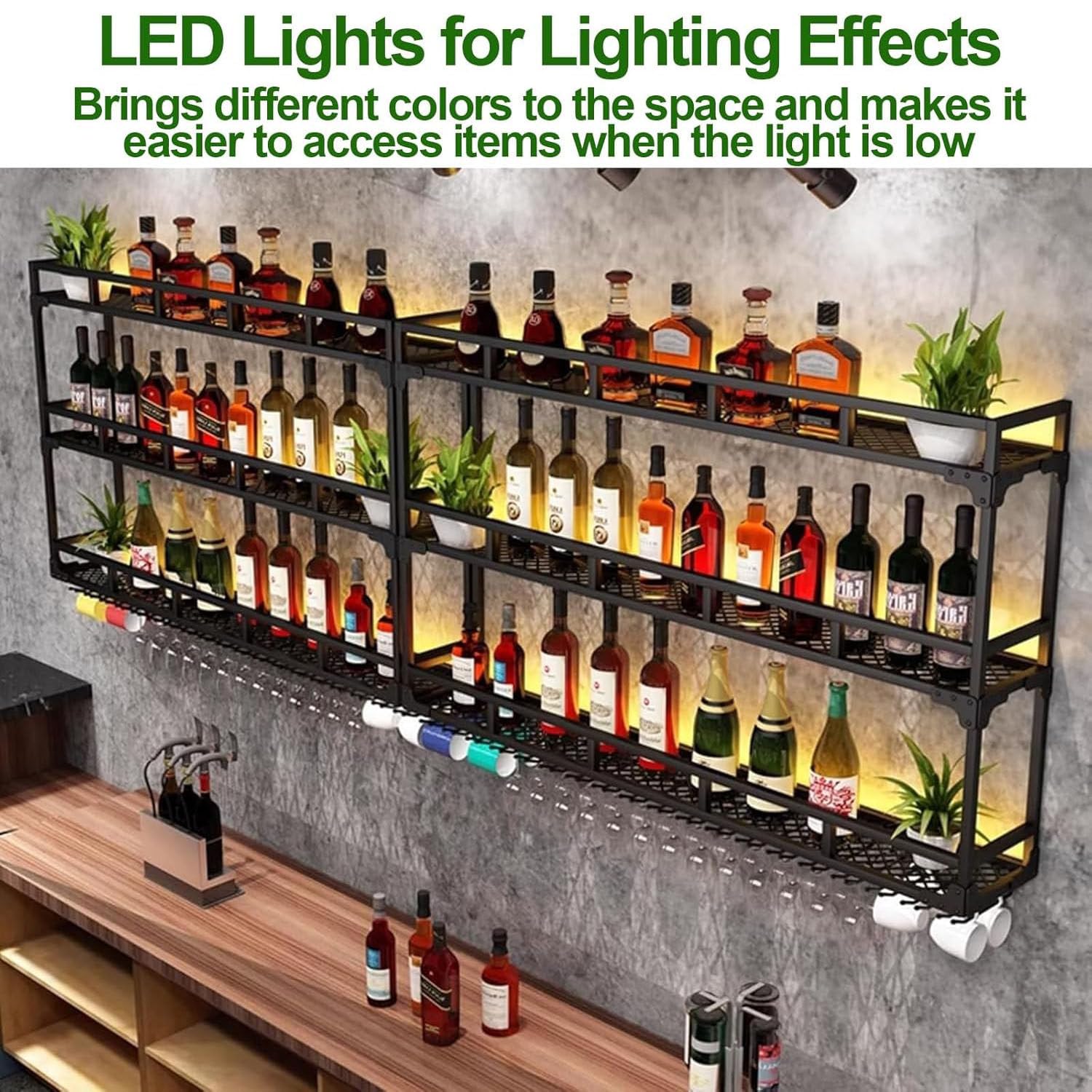Estante para vinos con LED, soporte para botellas de vidrio montado en la pared debajo del estante, estantes flotantes para licores, organizador de almacenamiento y exhibición,GoldThree-story-150cm