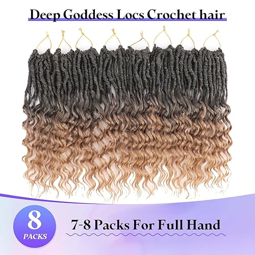 Miniatura 5 de Goddess Locs - Extensiones de cabello ondulado profundo, 8 paquetes de trenzas de ganchillo suaves de imitación para mujeres negras, T27.