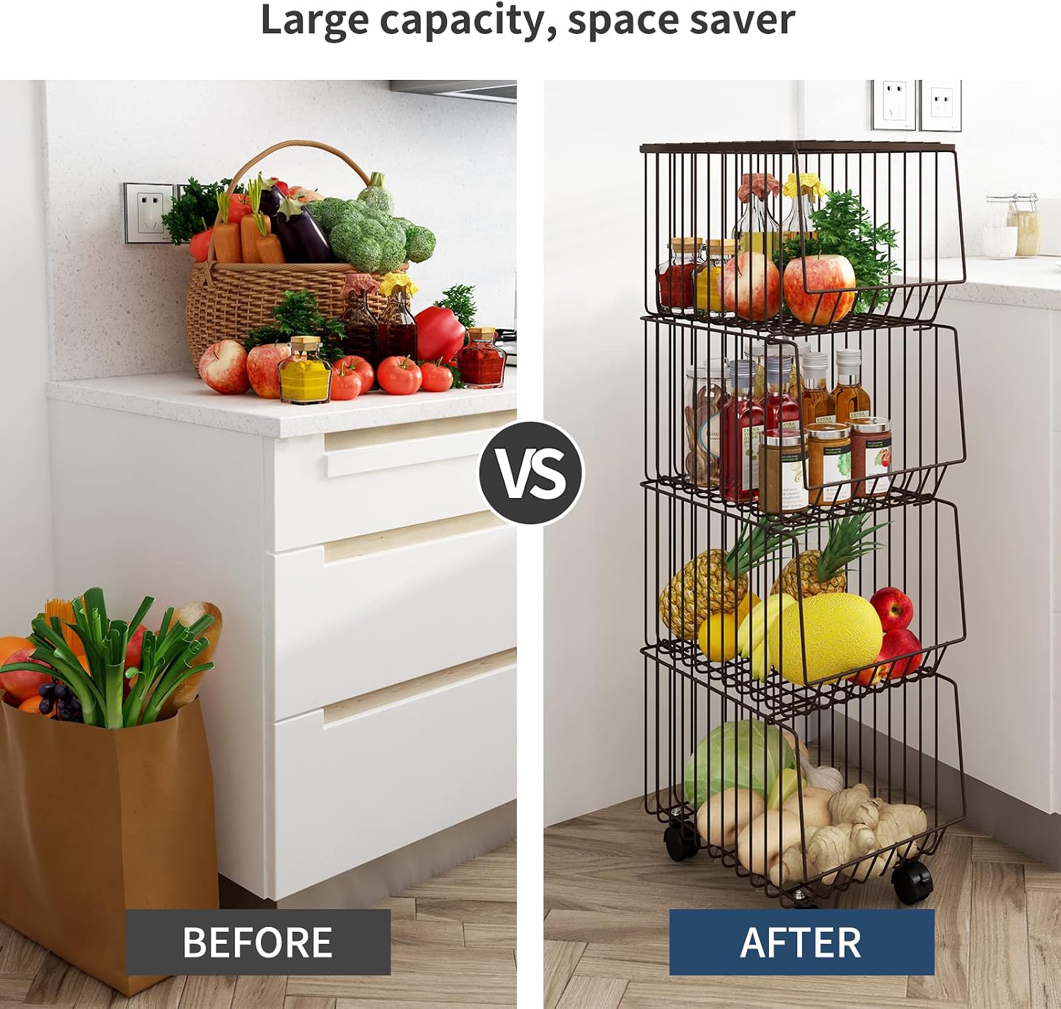 BENOSS Metal Fruit Basket with Wheels Fruit and Vegetable Storage Cart Stackable Bins Wire Rack Snack Organizer for Kitchen Pantry Laundry Room Dining Room Bathroom (4 Layer Baskets)