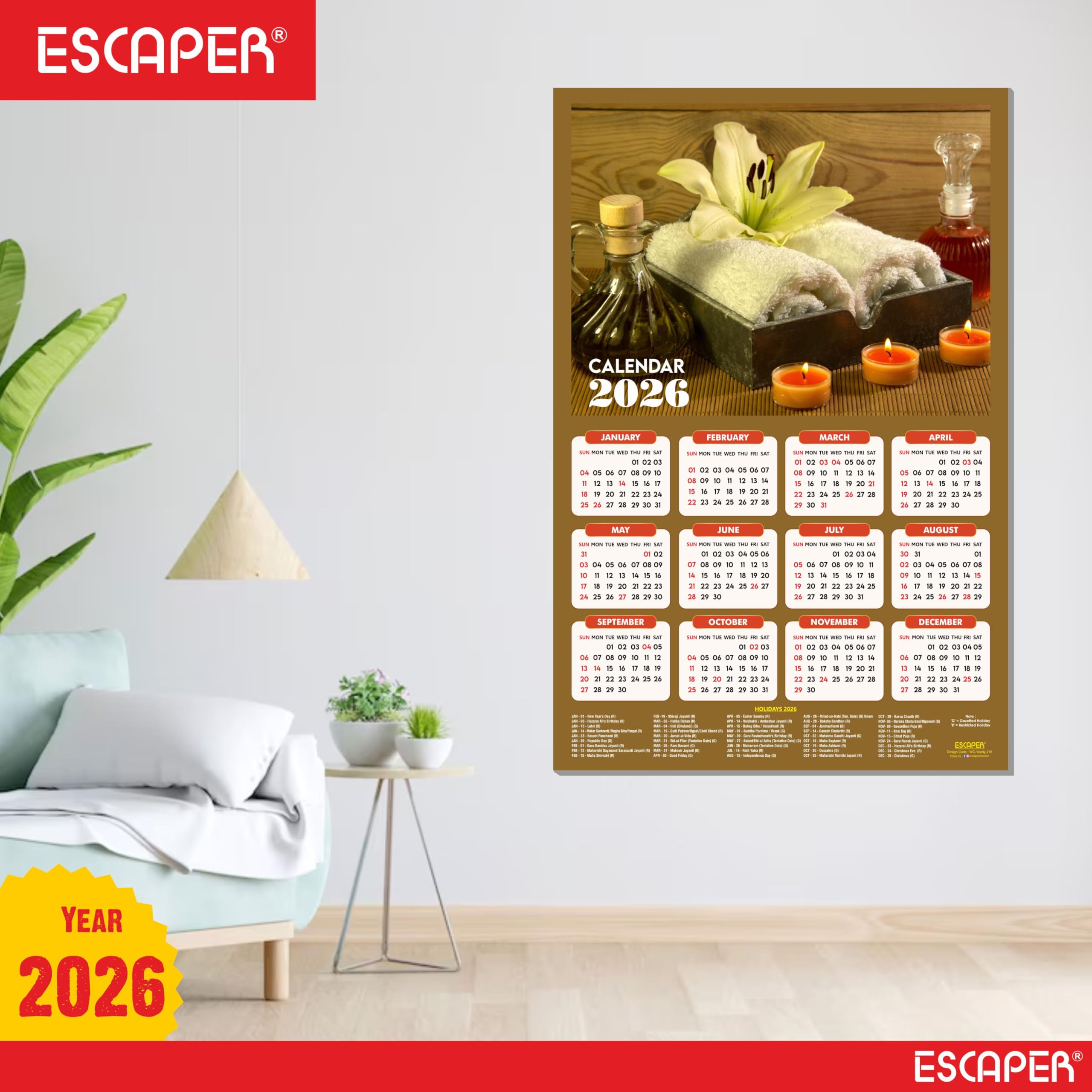 ESCAPER Calendario da parete Body Spa 2025 da appendere (45 x 30 cm), calendario da parete ayurvedico spa 2025, calendario da parete 2025, calendario da parete 2025, decorazione da parete spa
