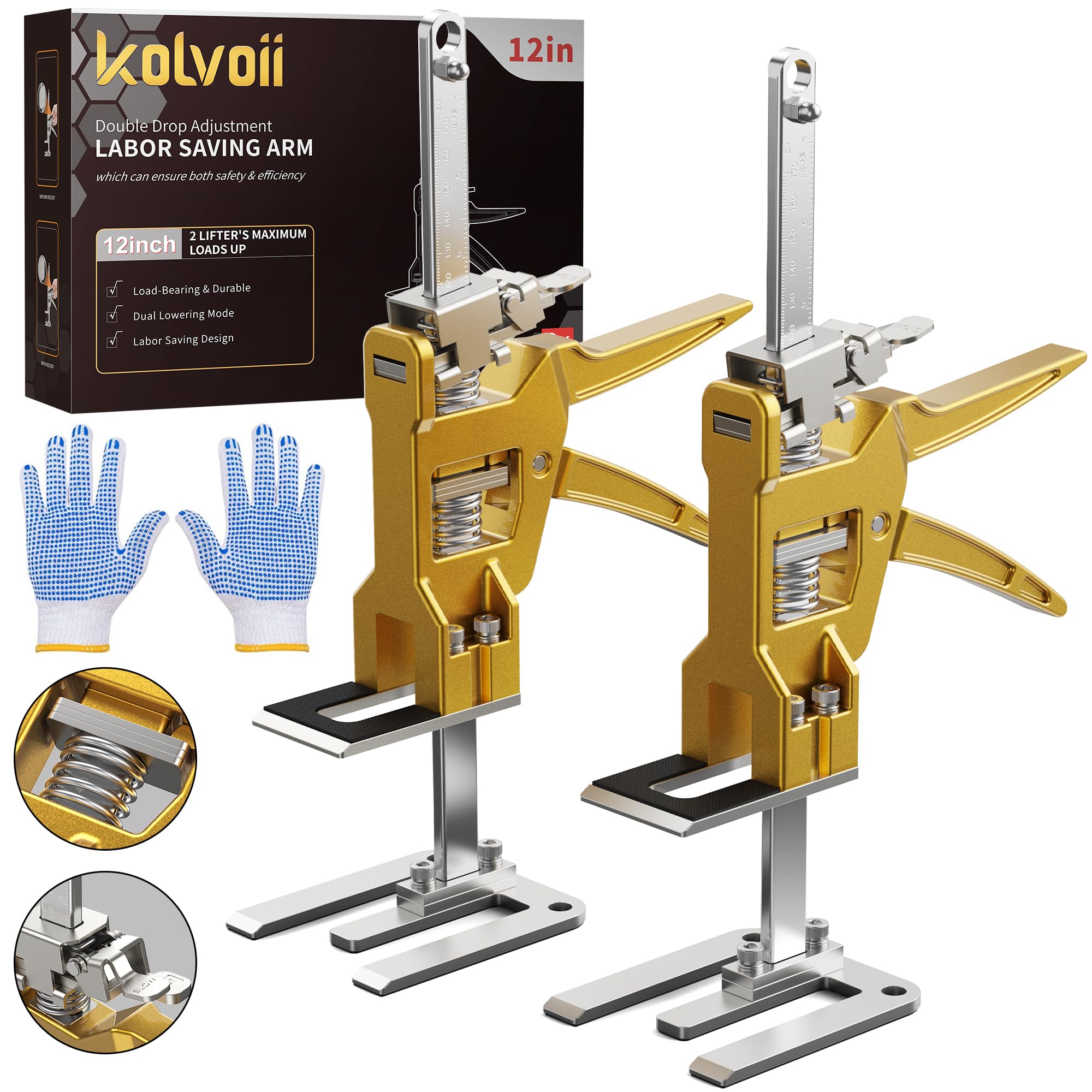 Labor Saving Arm Jack, 2 Pack Arm Tool Lift Stainless Steel Height Adjustable Easy to Use Furniture Jack with Controlled Lowering Device-Gold