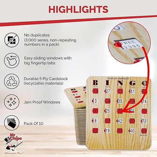 Miniatura 4 de MR CHIPS Tarjetas de bingo a prueba de atascos con ventanas deslizantes, paquete de 10 unidades más baraja de tarjetas de llamadas