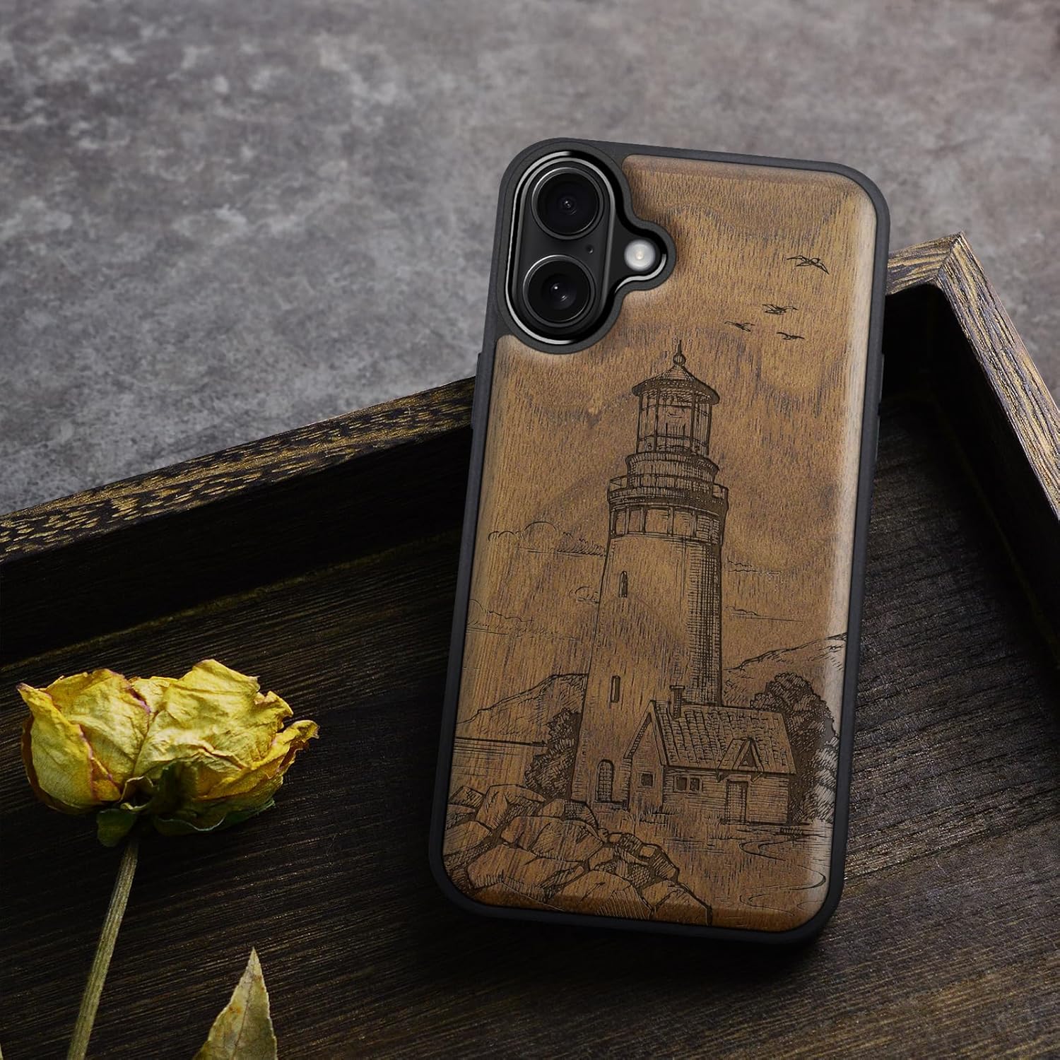 Carveit Magnetic Wooden Case for iPhone 16 Plus Case, Wood Artisan Engraved & Black Soft TPU Shockproof Cover, Compatible with MagSafe Wireless Chargers (Lighthouse) Walnut