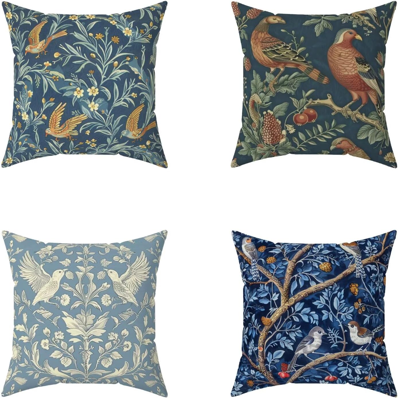 Outdoor Pillow Covers 16x16 in Set of 4, Blue Throw Pillows Bird Outdoor Waterproof Soft Cushion Covers Squre Decorative Vintage Pillowscases for Sofa Couch Bedroom Living Room Home Decor 6-T1L15