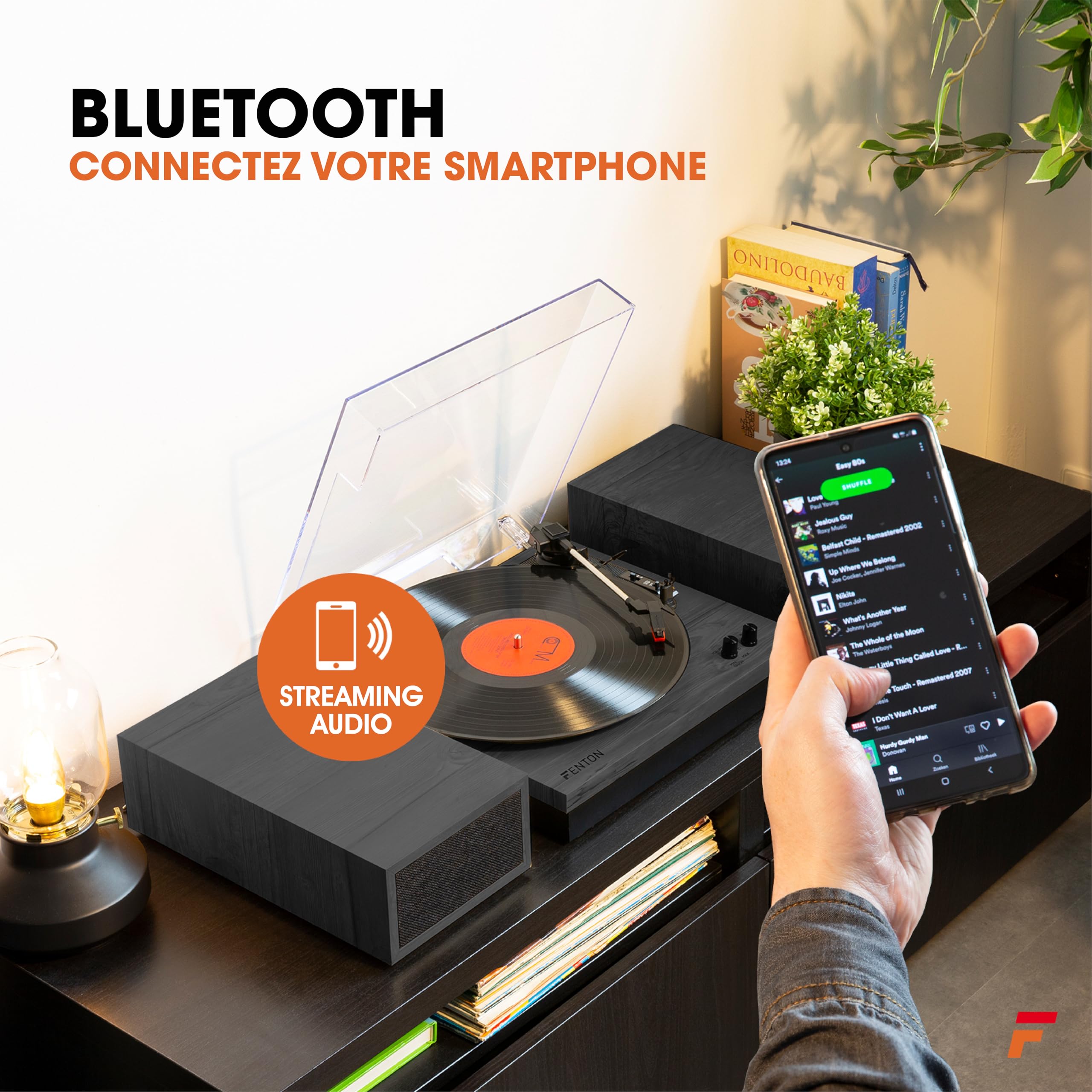 Fenton RP165B Platine Vinyle BT avec 2 Haut-Parleurs Stéréo - Noir/Gris, Lecture 33, 45 et 78 Tours, Système HiFi, Sortie RCA, Une Platine Rétro Idéale pour Décorer et Écouter Vos Vinyles