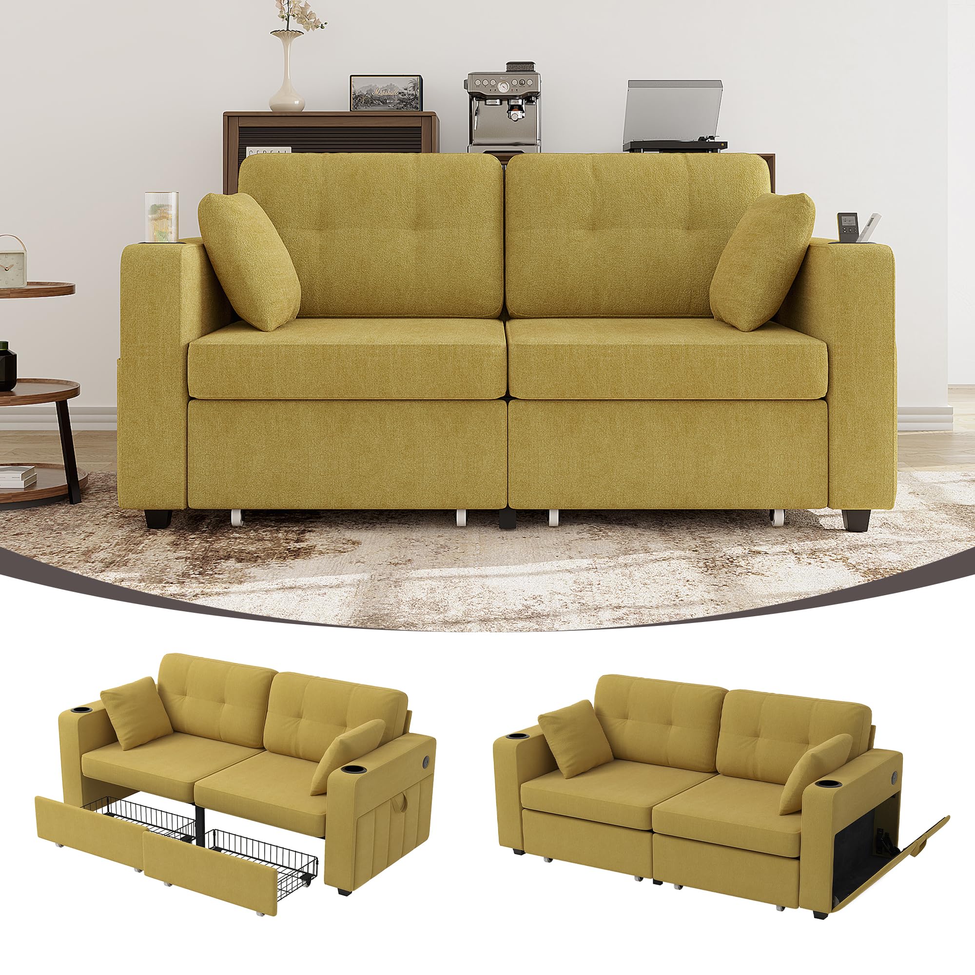 Canapé 2 Places avec Rangement,Canapé d'angle Moderne,2 tiroirs sous l'assise,accoudoirs avec Porte-gobelets,Ports USB/USB-C,Poches latérales,Tissu Chenille,Jaune Moutarde