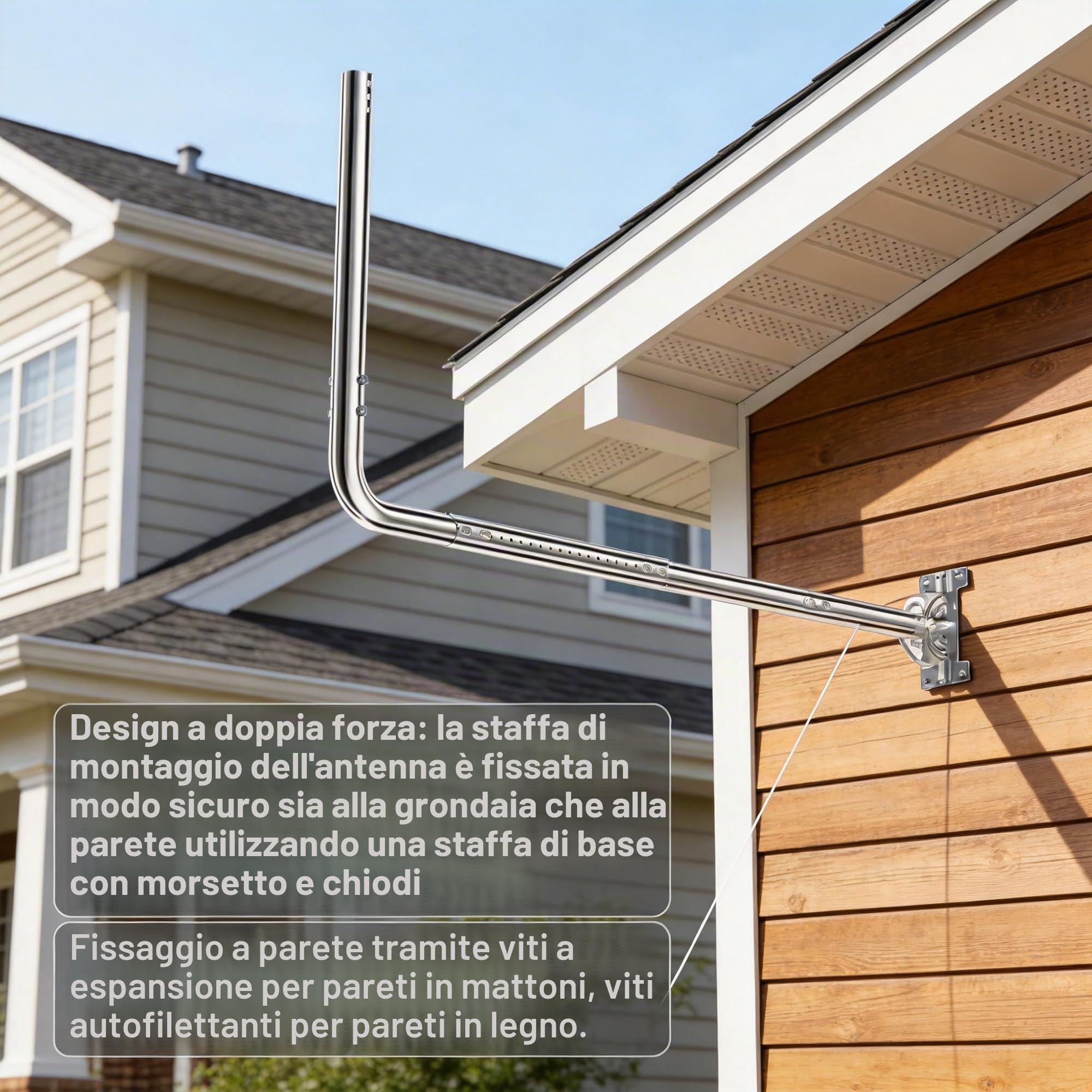 Staffa Antenna TV Esterno, Supporto Antenna Parete Lunga con Gomito a 90°, Antenna Regolabile con Tubo di Prolunga, Staffa Antenna Muro per Grondaia, WiFi Bridge Esterno, CPE e Weather Station