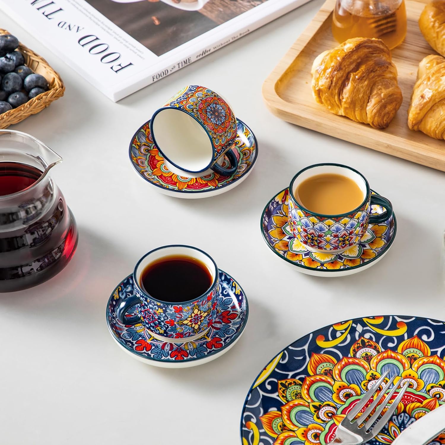 vancasso 2.5 Oz Stackable Espresso Cups with Saucers and Metal Stand Set of 4,Bohemian Ceramic Cappuccino Cups - Microwave and Dishwasher Safe, Perfect For Tea, Espresso, Latte, Cafe-01 - Image 5