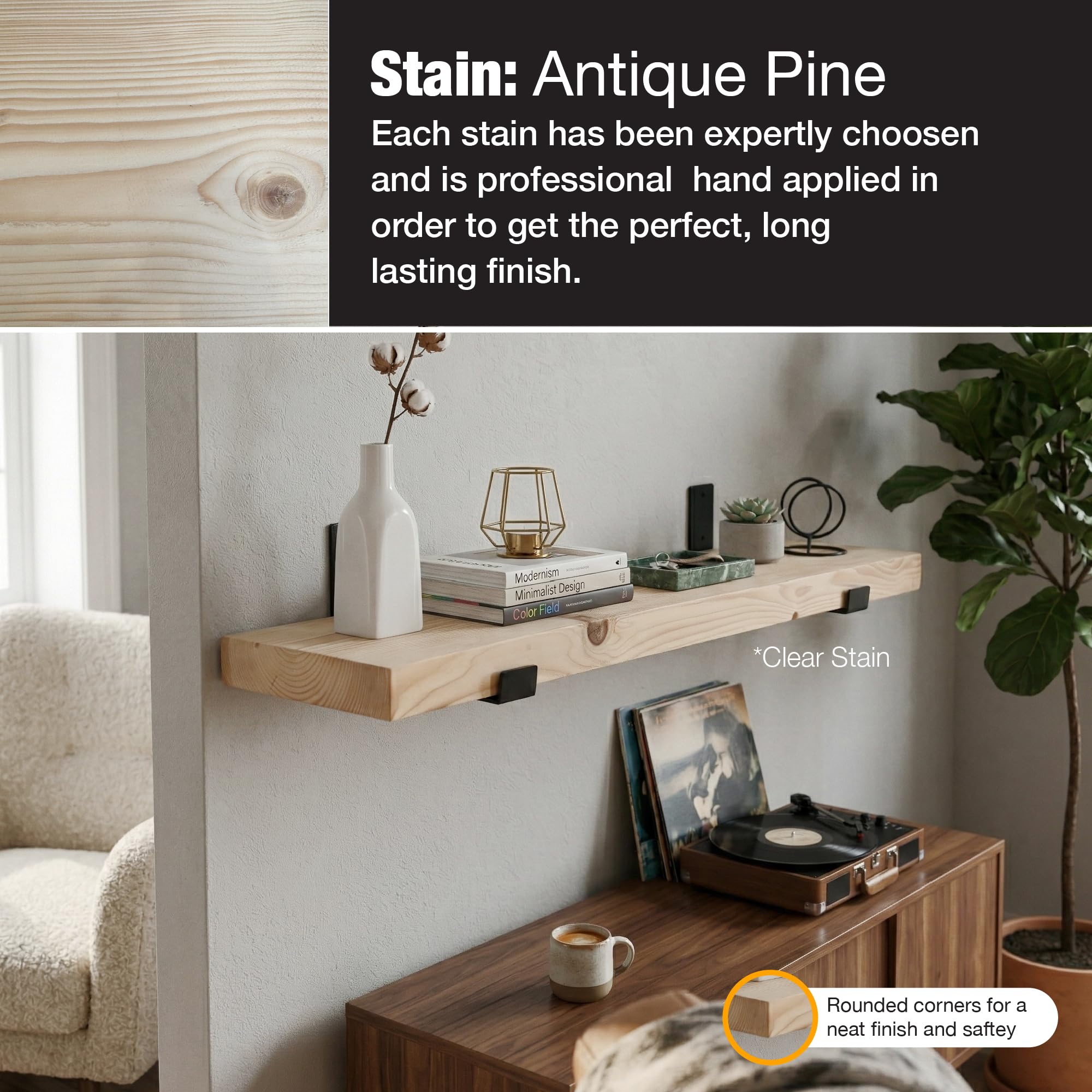 Top Notch Home & Living Handcrafted Rustic Wooden Wall Shelf, Incl 2 Up Brackets - Image 3