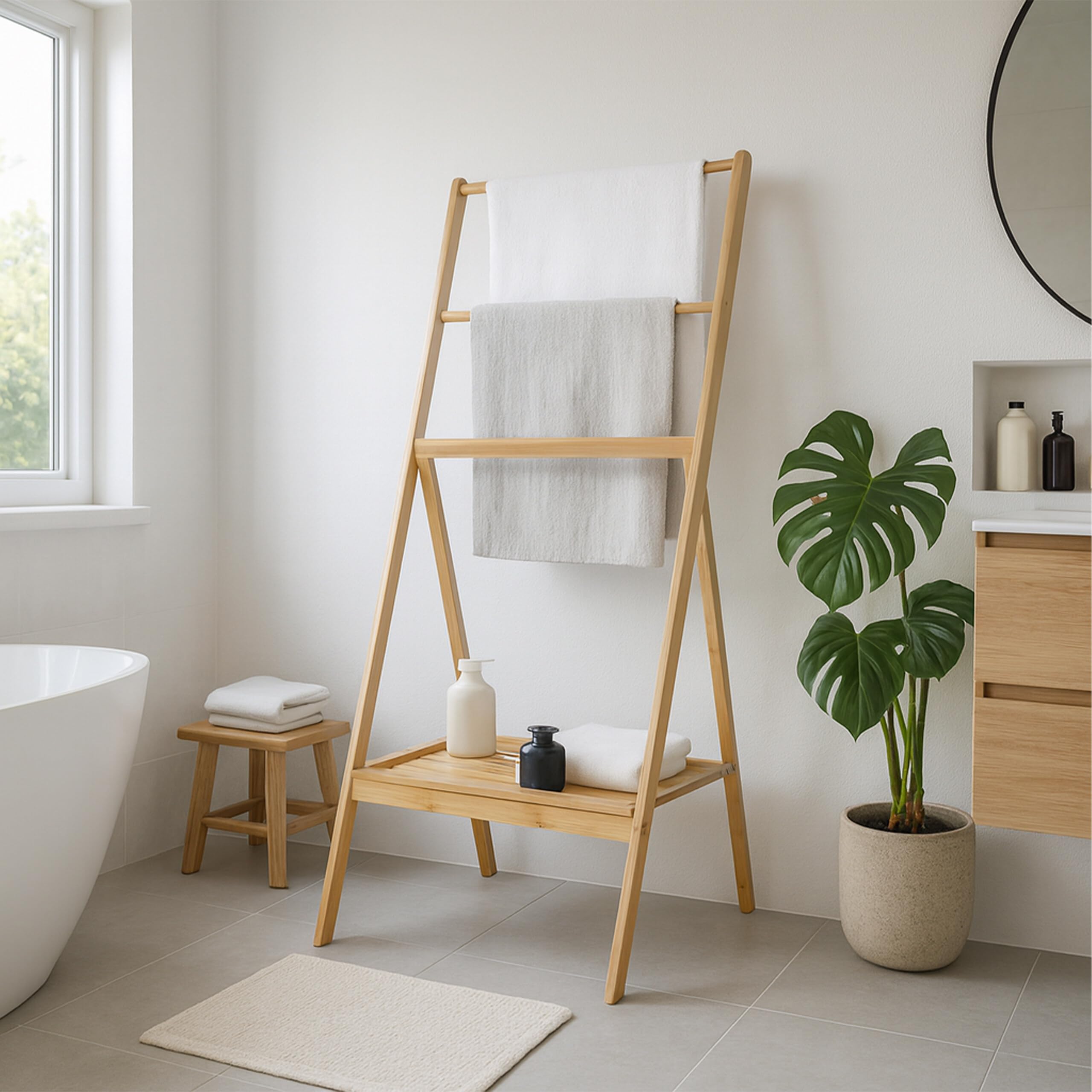 Relaxdays Toallero de bambú, Plegable, con Estante, 3 Barras, 112 x 55 x 44,5 cm, Soporte para Toallas, Color Natural