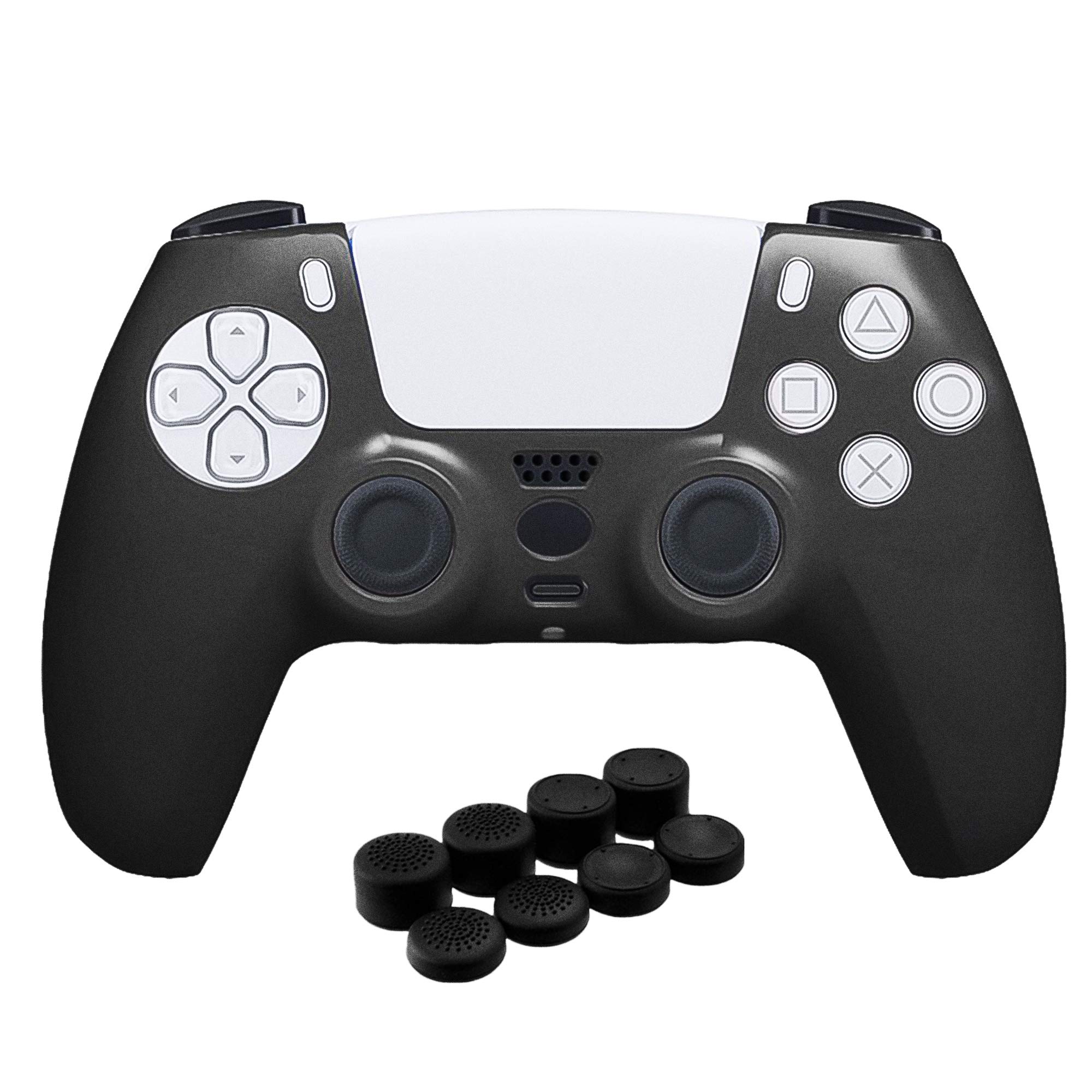 PS5 Controller Cover Skin Silicone Complete with 8 Thumb Grips Bonus (Black)