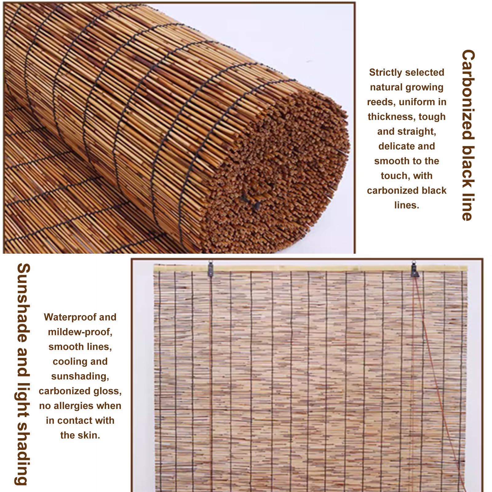 Store Enrouleur Bambou Naturel,Rideau de Paille Rétro,Stores à Enroulement Carbonisé,Rideau de Roseau Bambou Respirant avec Releveur,pour Extérieur et Intérieur (165x280cm/65x110in)